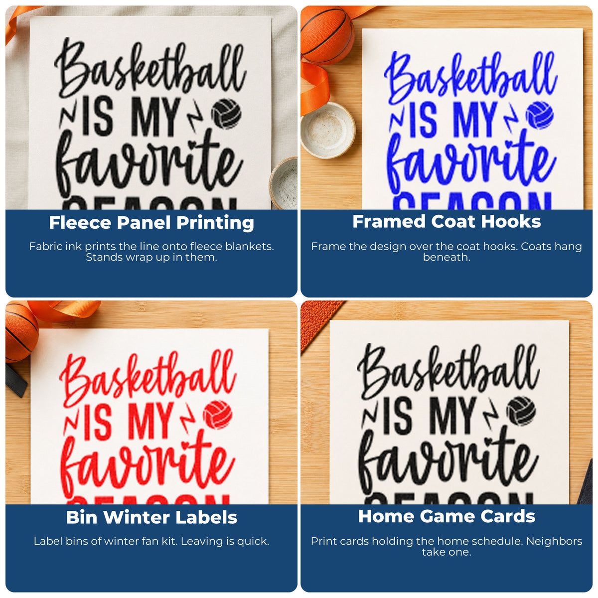 Four ways to use the Lightning Bolts With Basketball Season Quote Stamp – Self-Inking: fleece panel printing, framed coat hooks, bin winter labels and home game cards.
