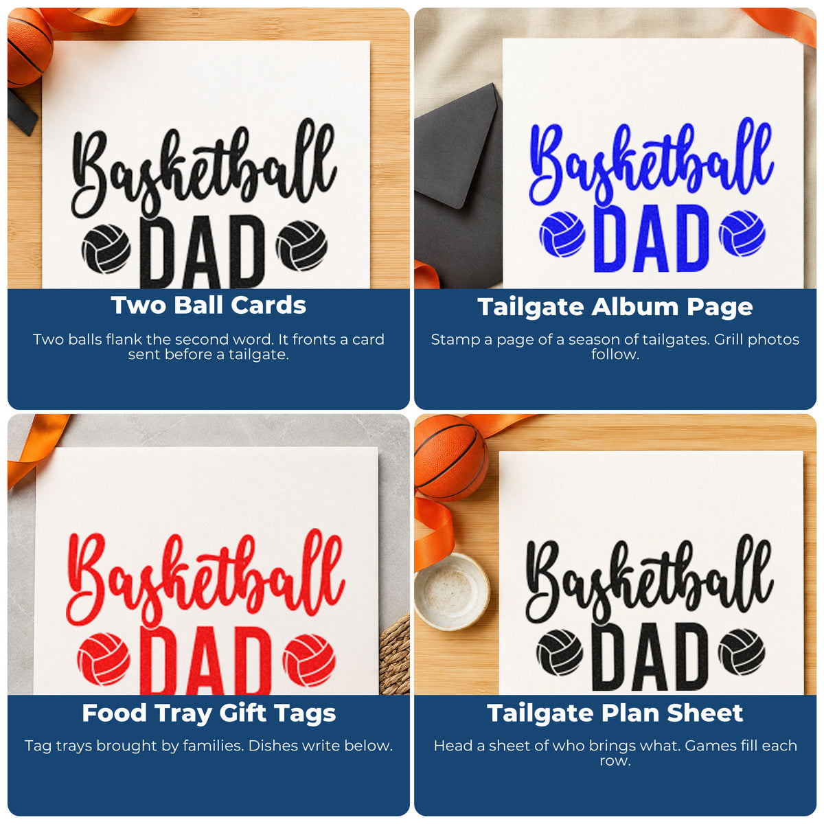 Four ways to use the Ball Pair Framing Basketball Dad Premium Wood-Mounted Stamp - Vintage Pro: two ball cards, tailgate album page, food tray gift tags and tailgate plan sheet.