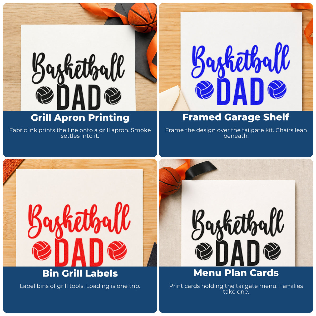 Four ways to use the Ball Pair Framing Basketball Dad Self-Inking Stamp: grill apron printing, framed garage shelf, bin grill labels and menu plan cards.