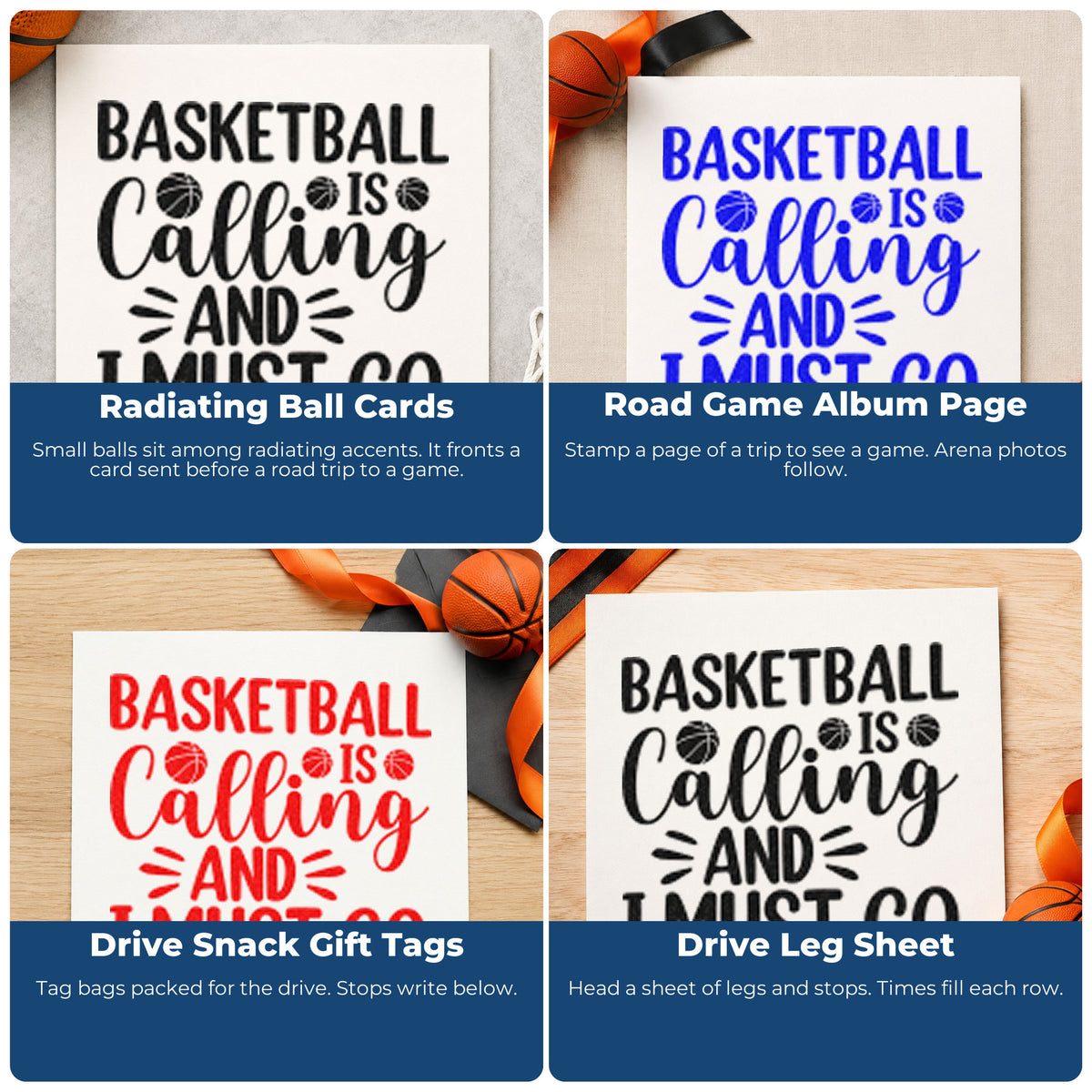Four ways to use the Basketball Is Calling And I Must Go Stamp - Premium Vintage Pro Wooden: radiating ball cards, road game album page, drive snack gift tags and drive leg sheet.