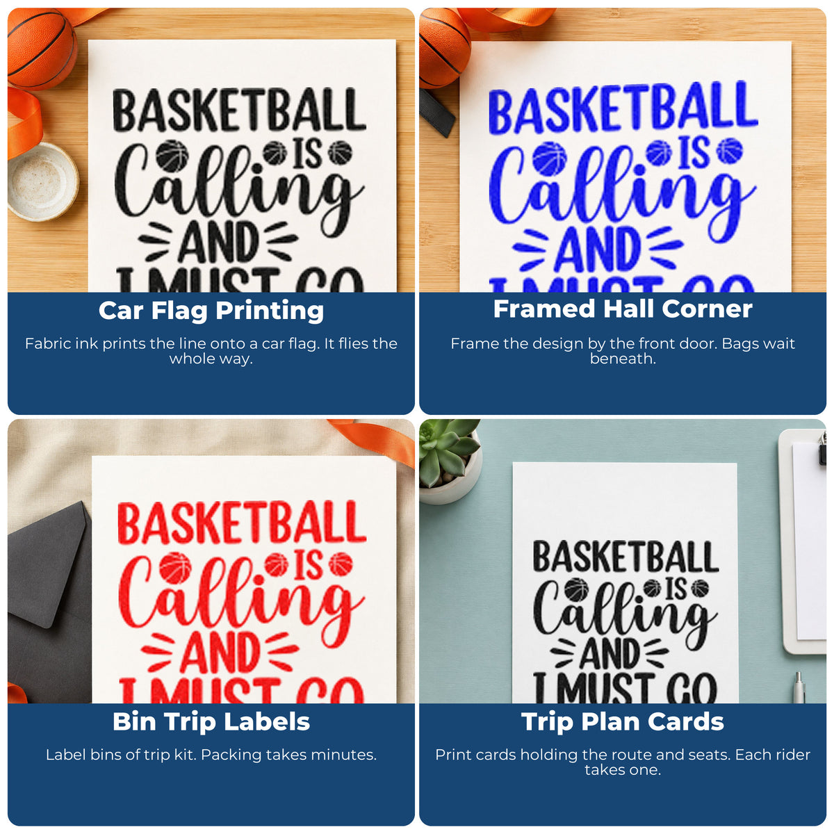 Four ways to use the Basketball Is Calling And I Must Go Stamp - Premium Vintage Pro Wooden: car flag printing, framed hall corner, bin trip labels and trip plan cards.