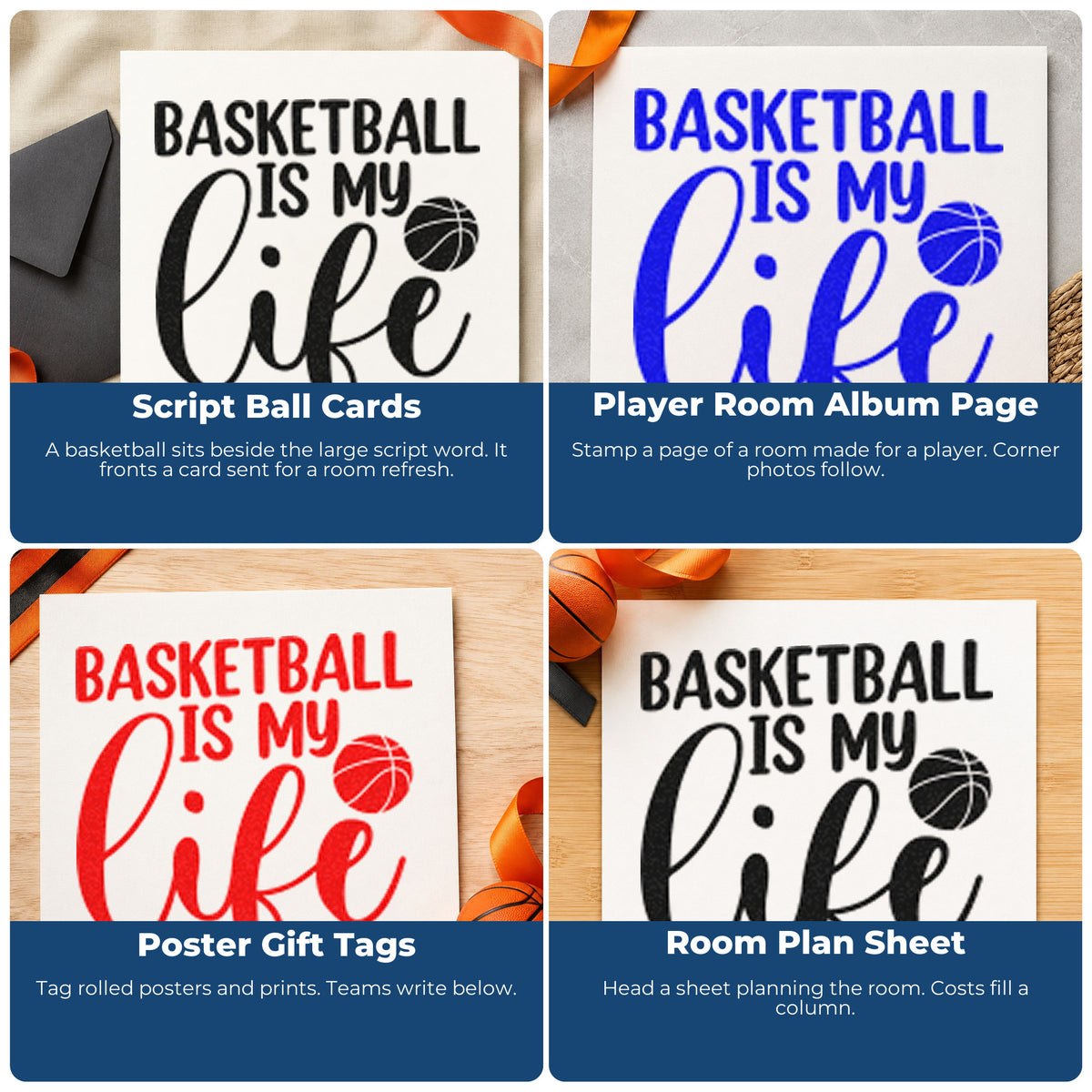 Four ways to use the Basketball Is My Life Script Lettering Stamp – PSI Pre-Inked: script ball cards, player room album page, poster gift tags and room plan sheet.