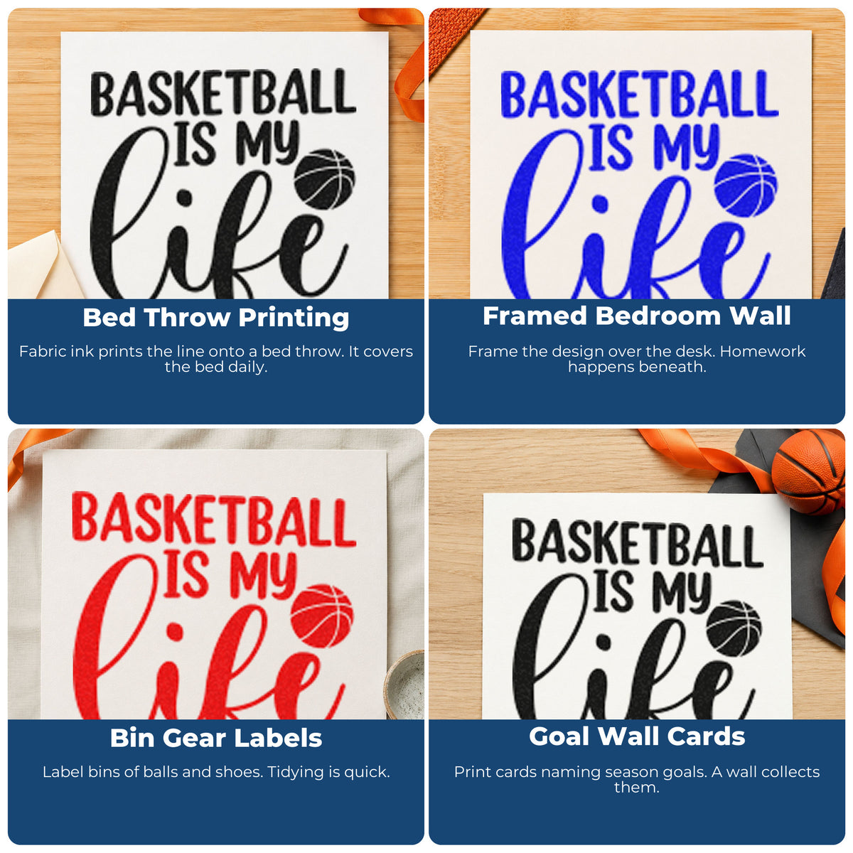 Four ways to use the Premium Wooden Basketball Is My Life Script Lettering Stamp - Vintage Pro: bed throw printing, framed bedroom wall, bin gear labels and goal wall cards.