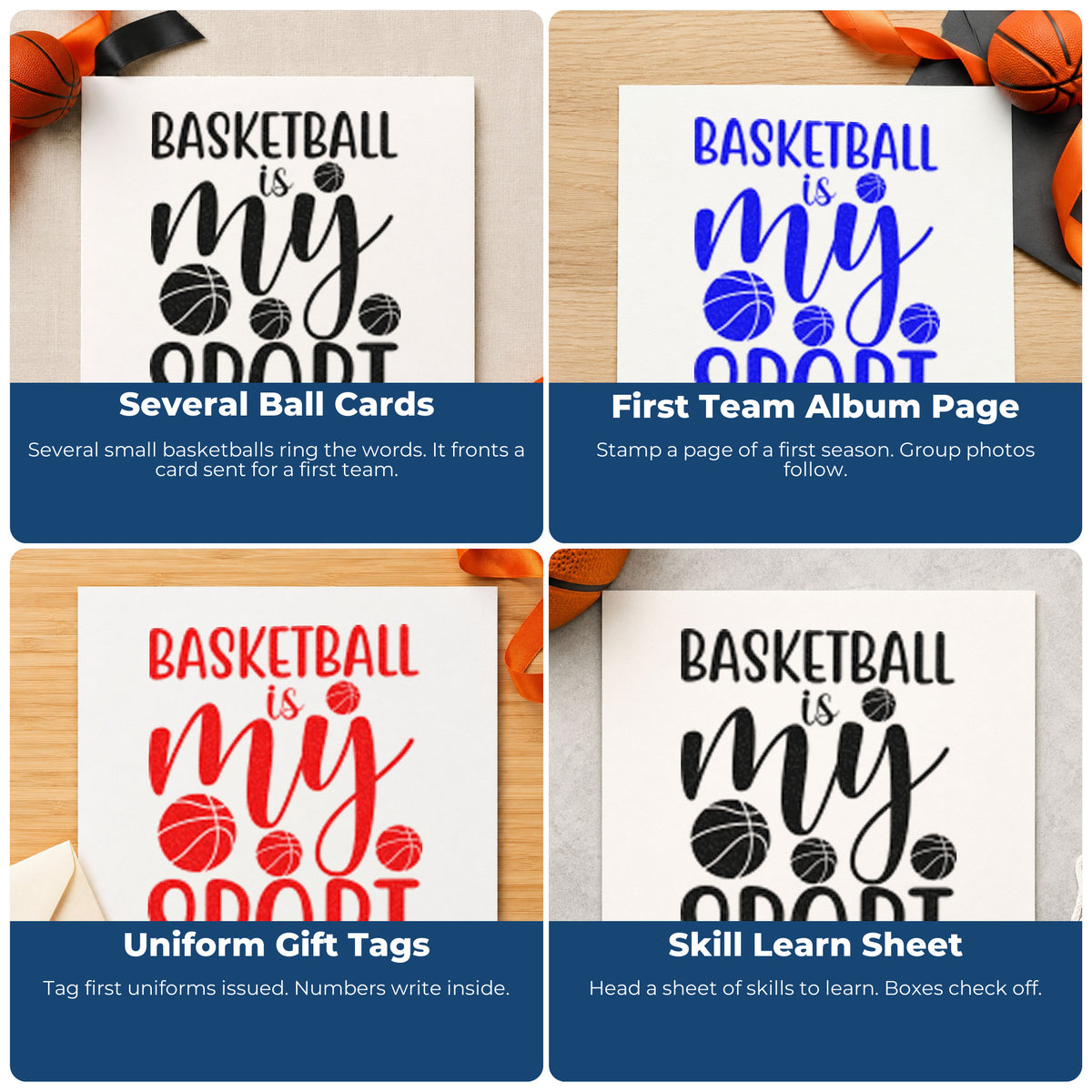 Four ways to use the Basketball Is My Sport Ball Scatter Stamp – Self-Inking: several ball cards, first team album page, uniform gift tags and skill learn sheet.