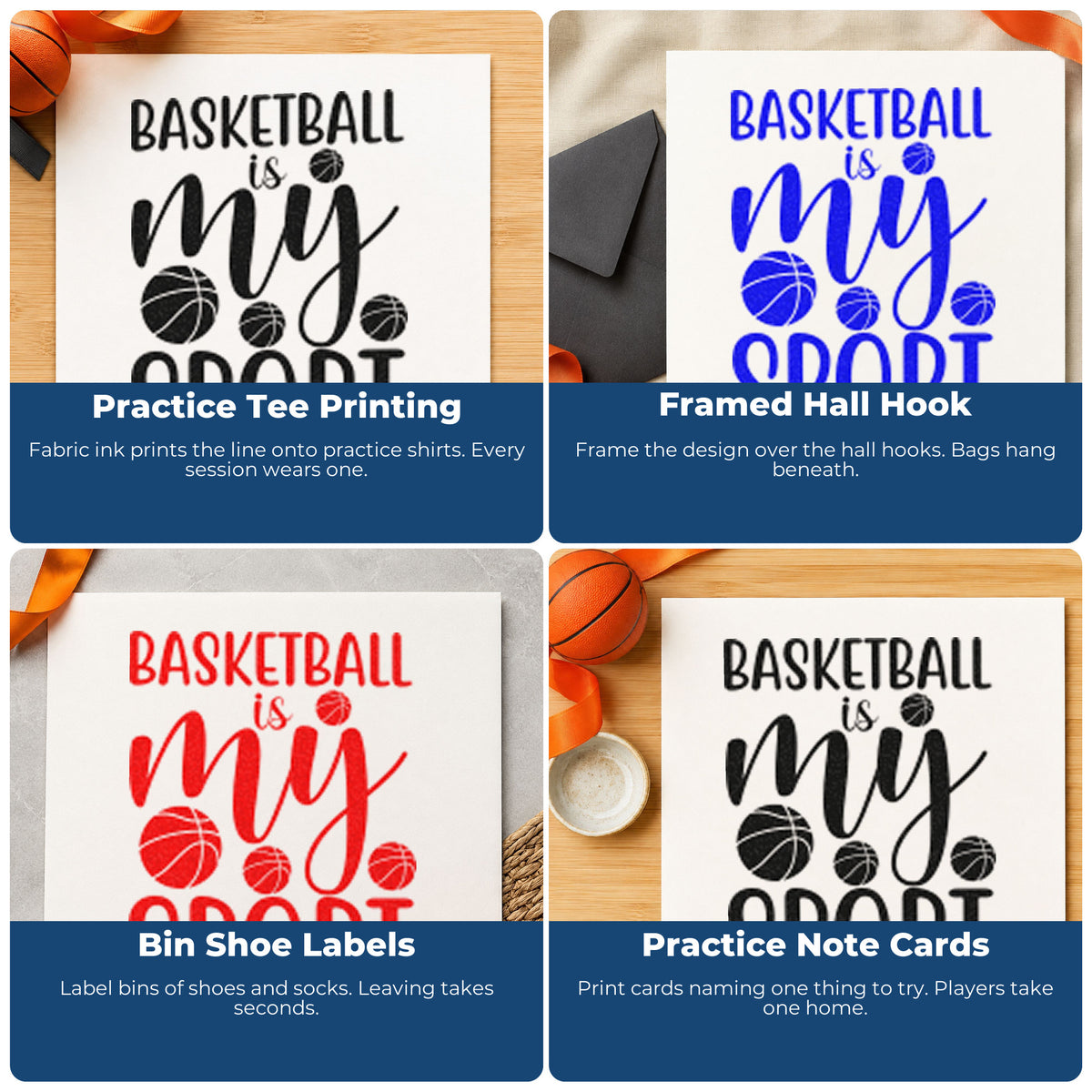 Four ways to use the Basketball Is My Sport Ball Scatter Rubber Stamp – Wood Handle: practice tee printing, framed hall hook, bin shoe labels and practice note cards.