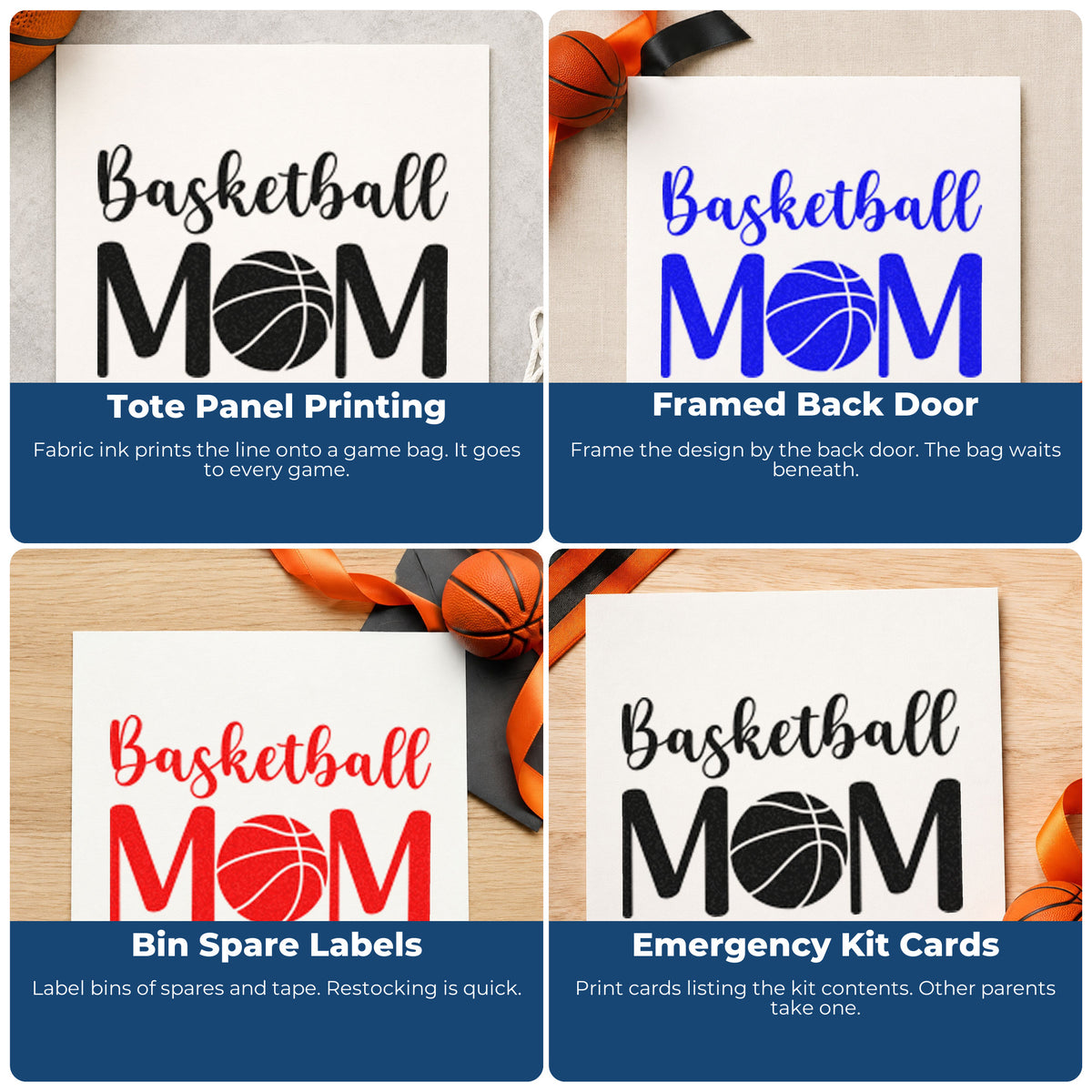 Four ways to use the Mom Basketball Center Letter Stamp - Premium Vintage Pro Wooden: tote panel printing, framed back door, bin spare labels and emergency kit cards.