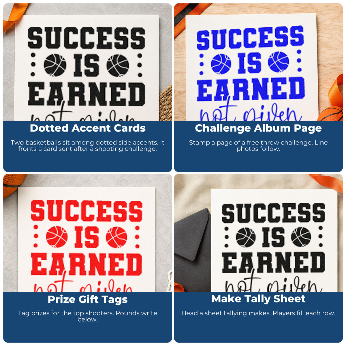Four ways to use the Vintage Pro Success Earned Not Given Premium Wooden Stamp: dotted accent cards, challenge album page, prize gift tags and make tally sheet.