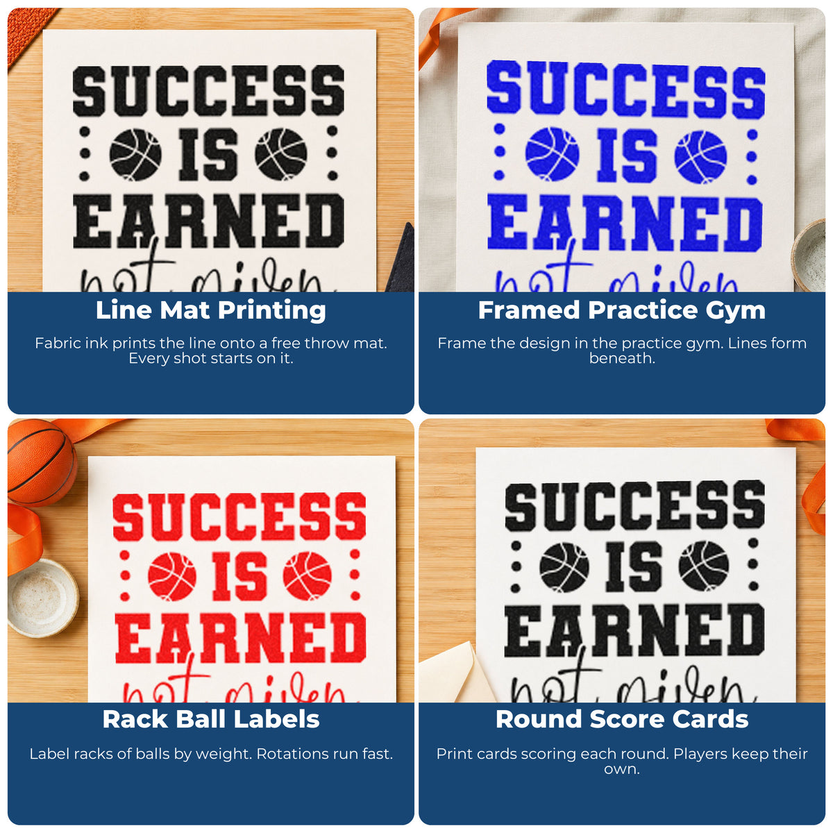 Four ways to use the Success Earned Not Given Craft Stamp – Self-Inking: line mat printing, framed practice gym, rack ball labels and round score cards.