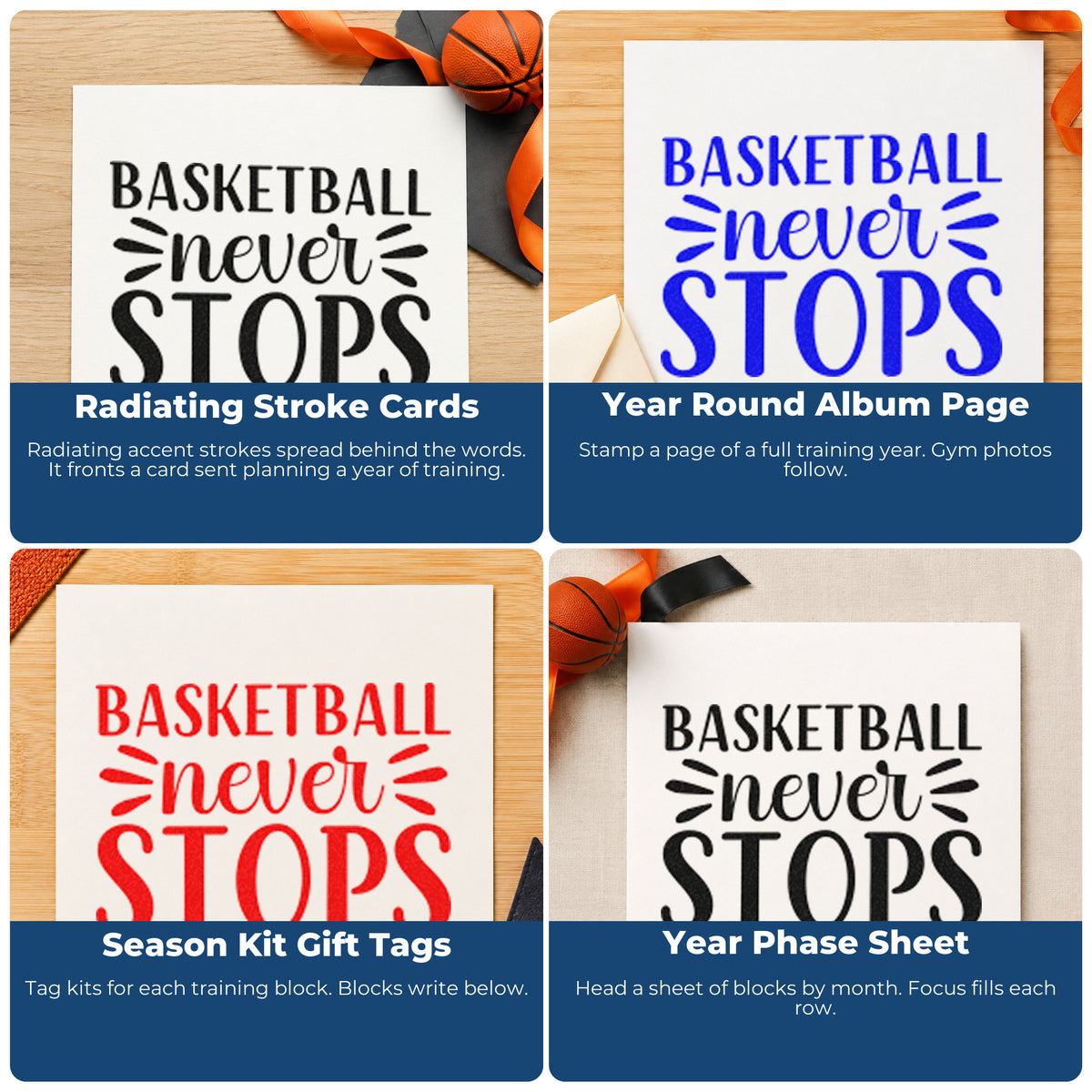 Four ways to use the Basketball Never Stops PSI Pre-Inked Stamp: radiating stroke cards, year round album page, season kit gift tags and year phase sheet.