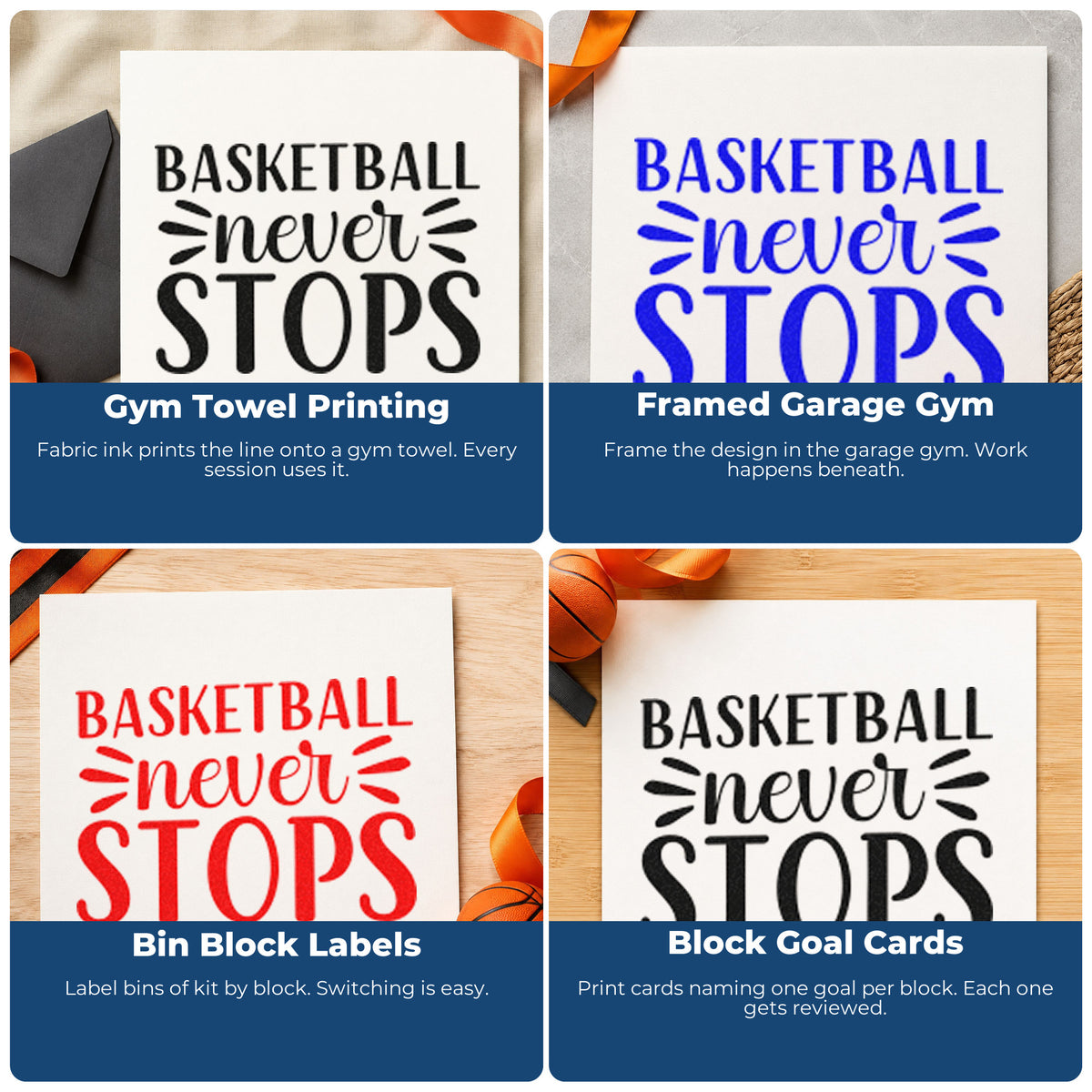 Four ways to use the Basketball Never Stops Premium Wooden Stamp - Vintage Pro: gym towel printing, framed garage gym, bin block labels and block goal cards.