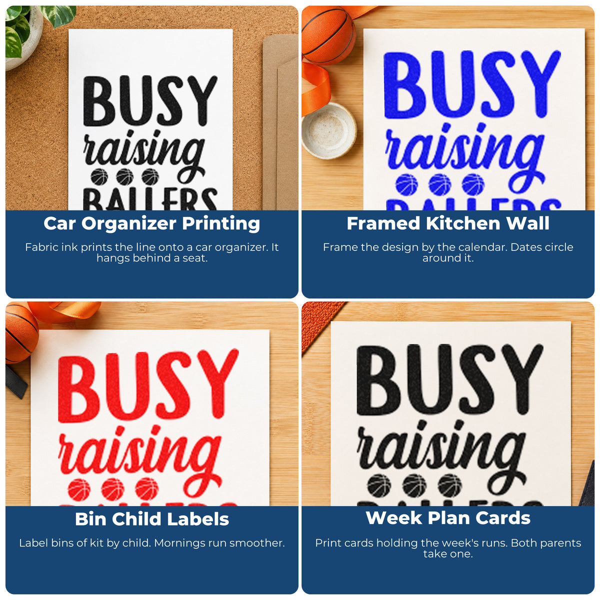 Four ways to use the Slim Pre-Inked Busy Raising Ballers Word Art Stamp: car organizer printing, framed kitchen wall, bin child labels and week plan cards.