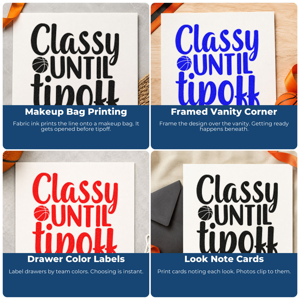 Four ways to use the Classy Until Tipoff Basketball Hand Stamp – Duo: makeup bag printing, framed vanity corner, drawer color labels and look note cards.