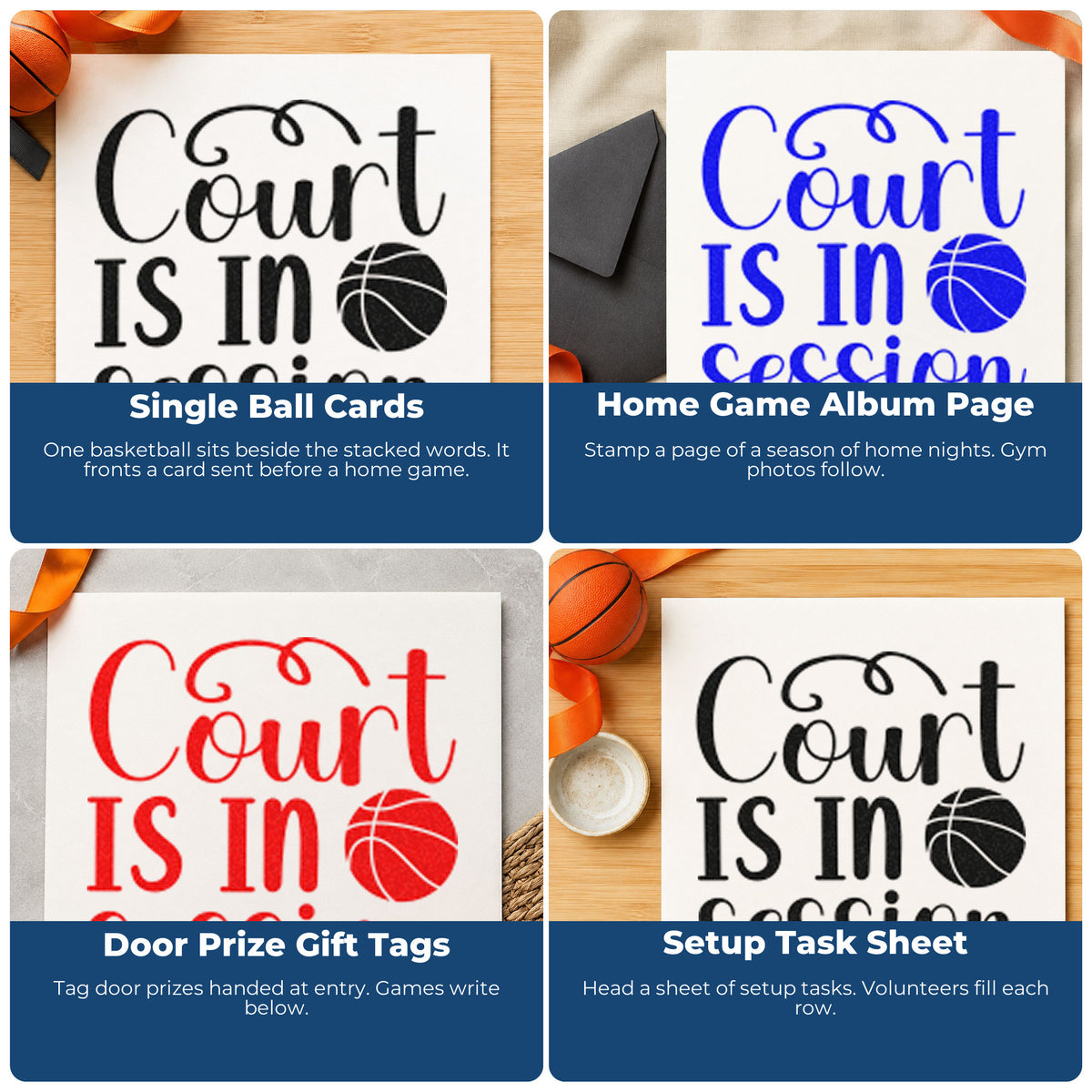 Four ways to use the Self-Inking Court Is In Session Basketball Stamp: single ball cards, home game album page, door prize gift tags and setup task sheet.