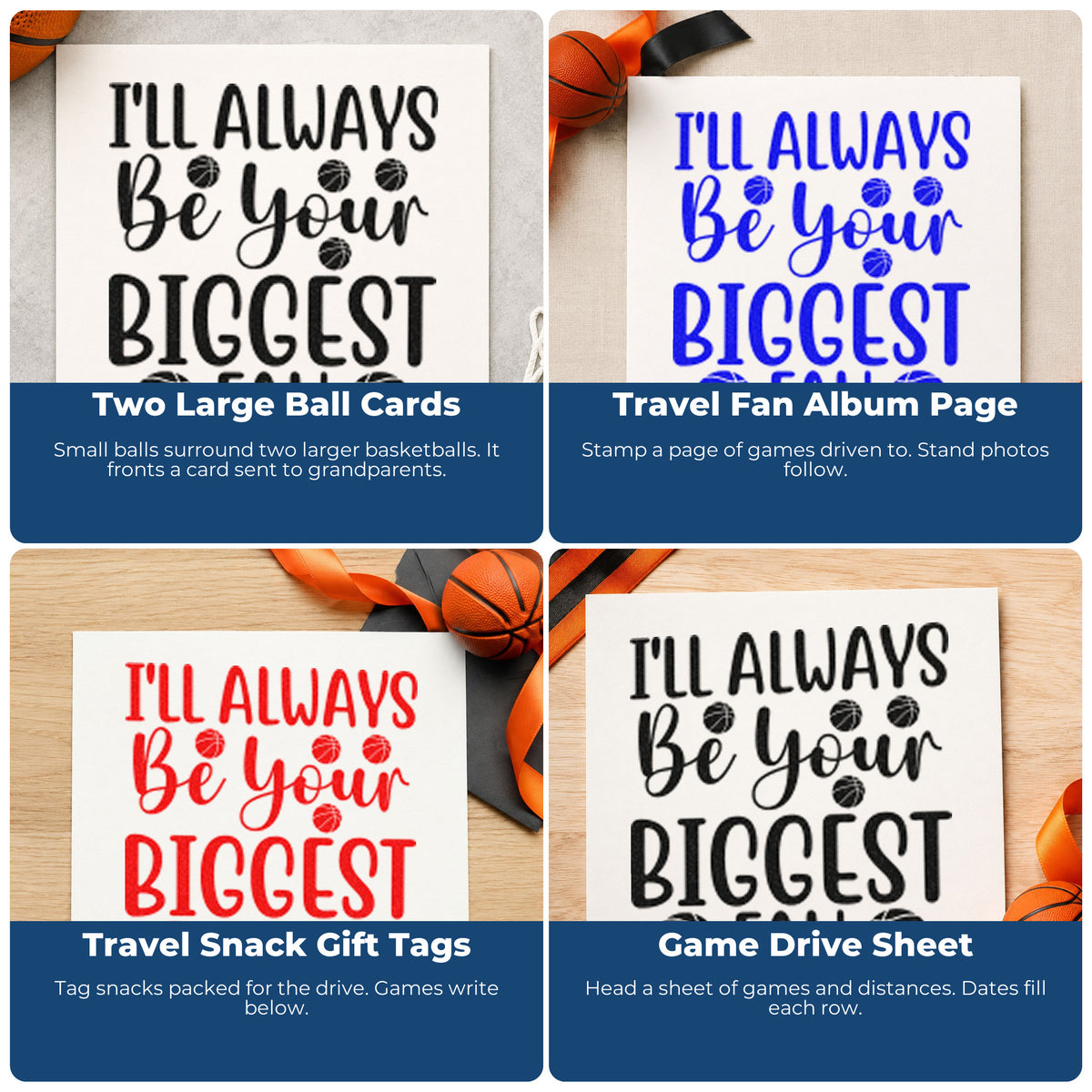 Four ways to use the I'll Always Be Your Biggest Fan Stamp – Self-Inking: two large ball cards, travel fan album page, travel snack gift tags and game drive sheet.