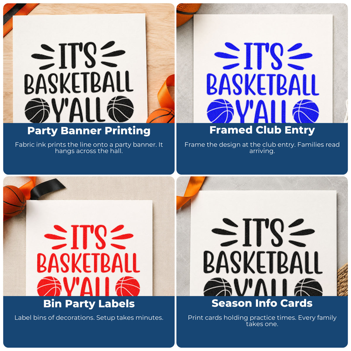 Four ways to use the It Is Basketball Yall Stamp - Premium Vintage Pro Wooden: party banner printing, framed club entry, bin party labels and season info cards.