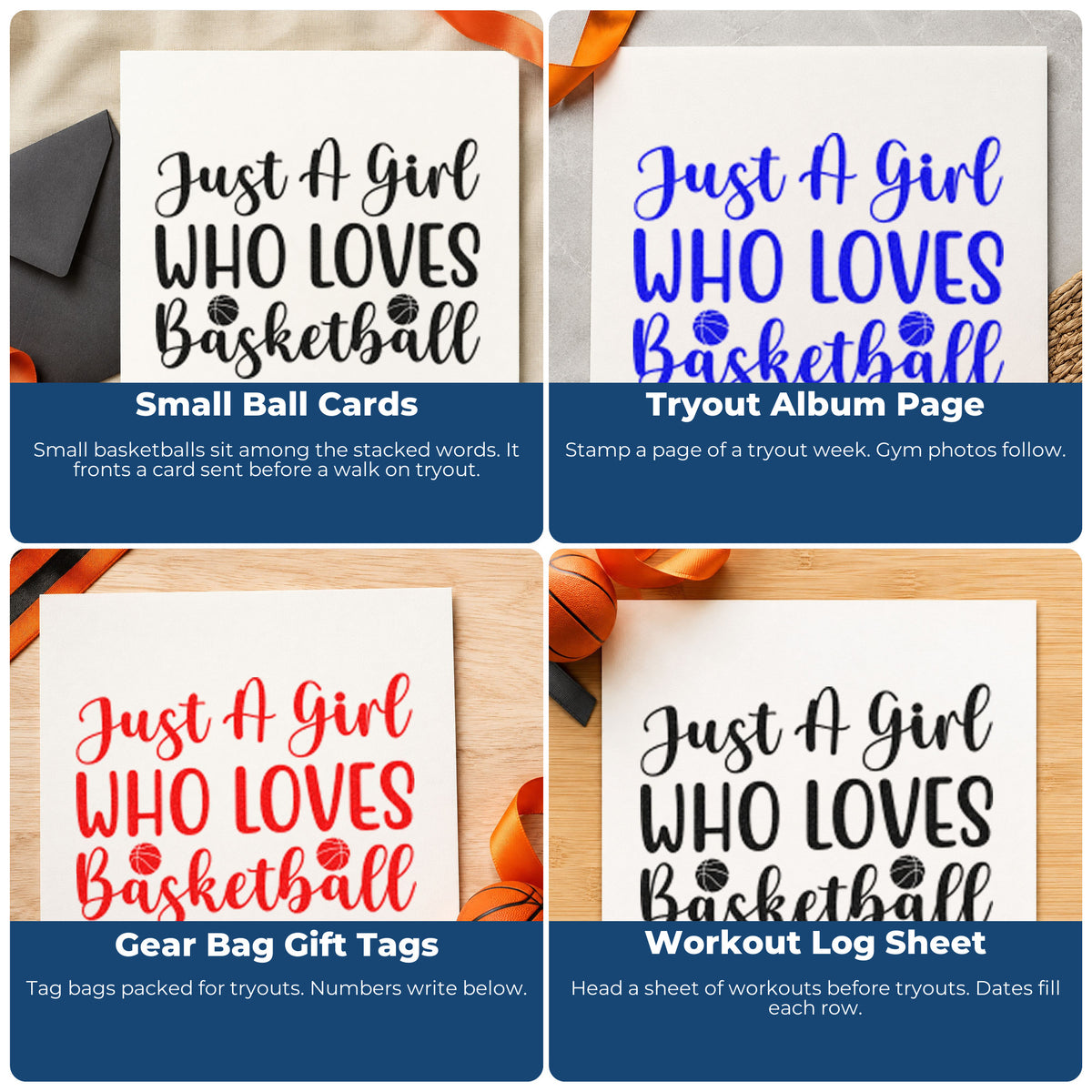 Four ways to use the Girl Who Loves Basketball PSI Pre-Inked Stamp: small ball cards, tryout album page, gear bag gift tags and workout log sheet.