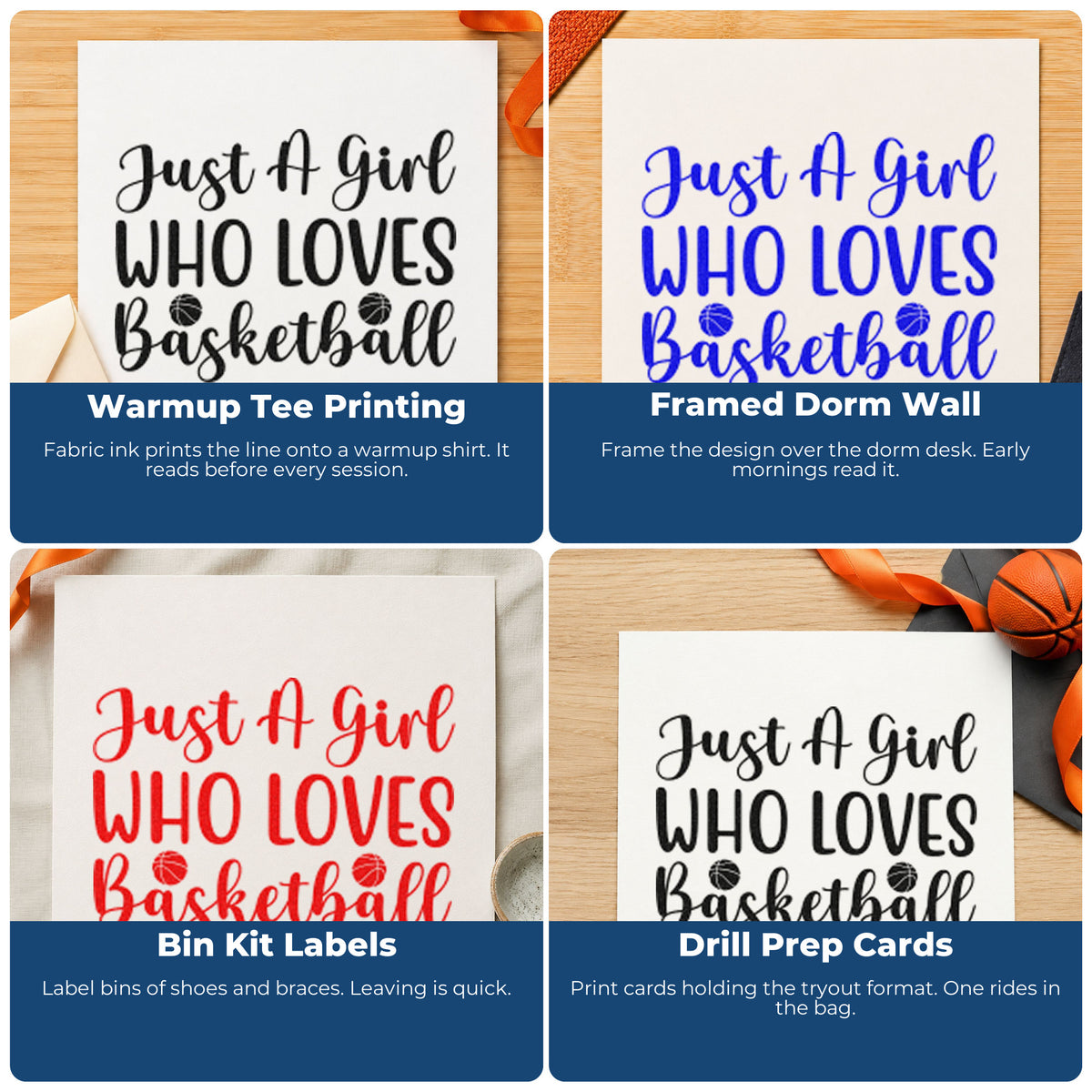 Four ways to use the Girl Who Loves Basketball Hand Stamp – Duo: warmup tee printing, framed dorm wall, bin kit labels and drill prep cards.