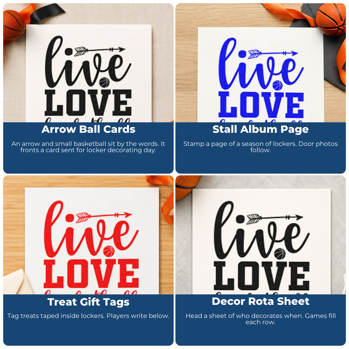 Four ways to use the Live Love Basketball Arrow Self-Inking Stamp: arrow ball cards, stall album page, treat gift tags and decor rota sheet.