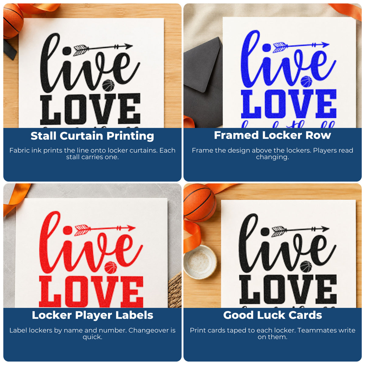 Four ways to use the Live Love Basketball Arrow Self-Inking Stamp: stall curtain printing, framed locker row, locker player labels and good luck cards.