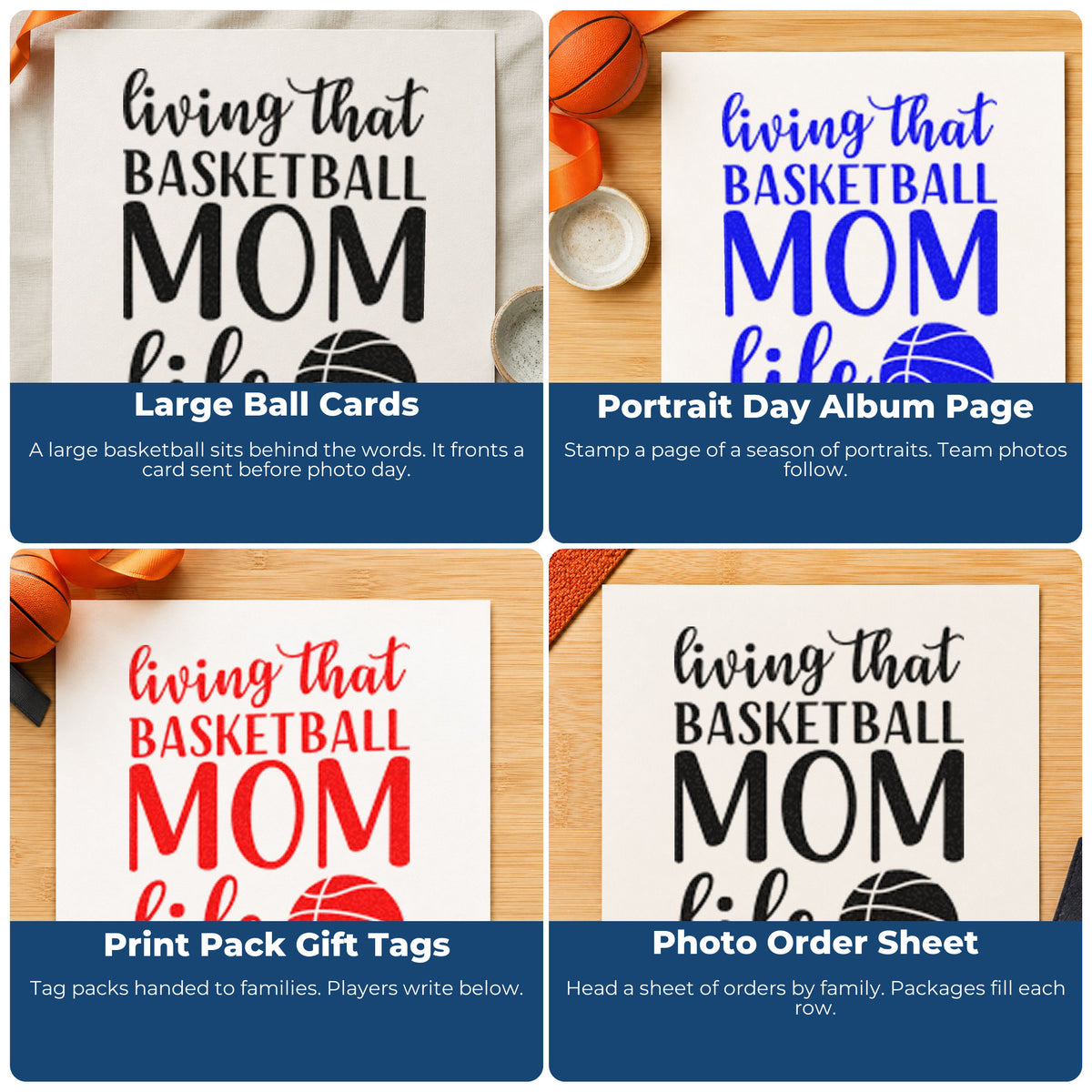 Four ways to use the Living Basketball Mom Life Craft Stamp – Self-Inking: large ball cards, portrait day album page, print pack gift tags and photo order sheet.