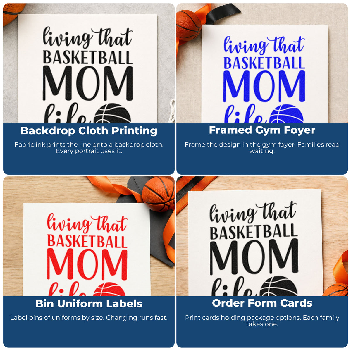 Four ways to use the Living Basketball Mom Life Premium Wood-Mounted Stamp - Vintage Pro: backdrop cloth printing, framed gym foyer, bin uniform labels and order form cards.