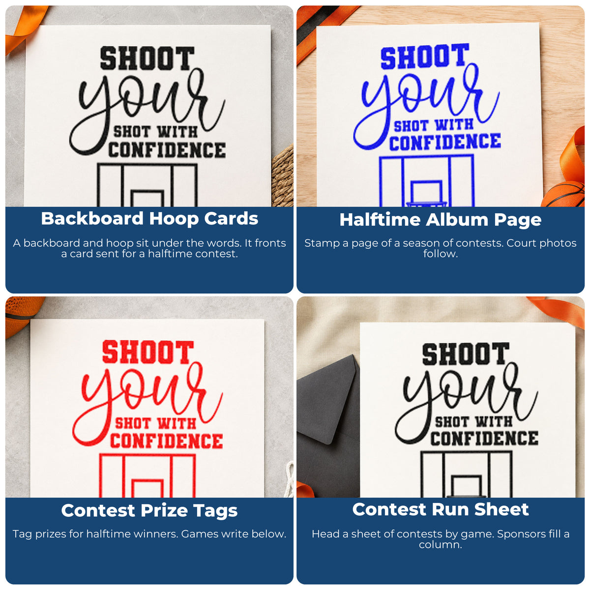 Four ways to use the Shoot Your Shot With Confidence Self-Inking Stamp: backboard hoop cards, halftime album page, contest prize tags and contest run sheet.
