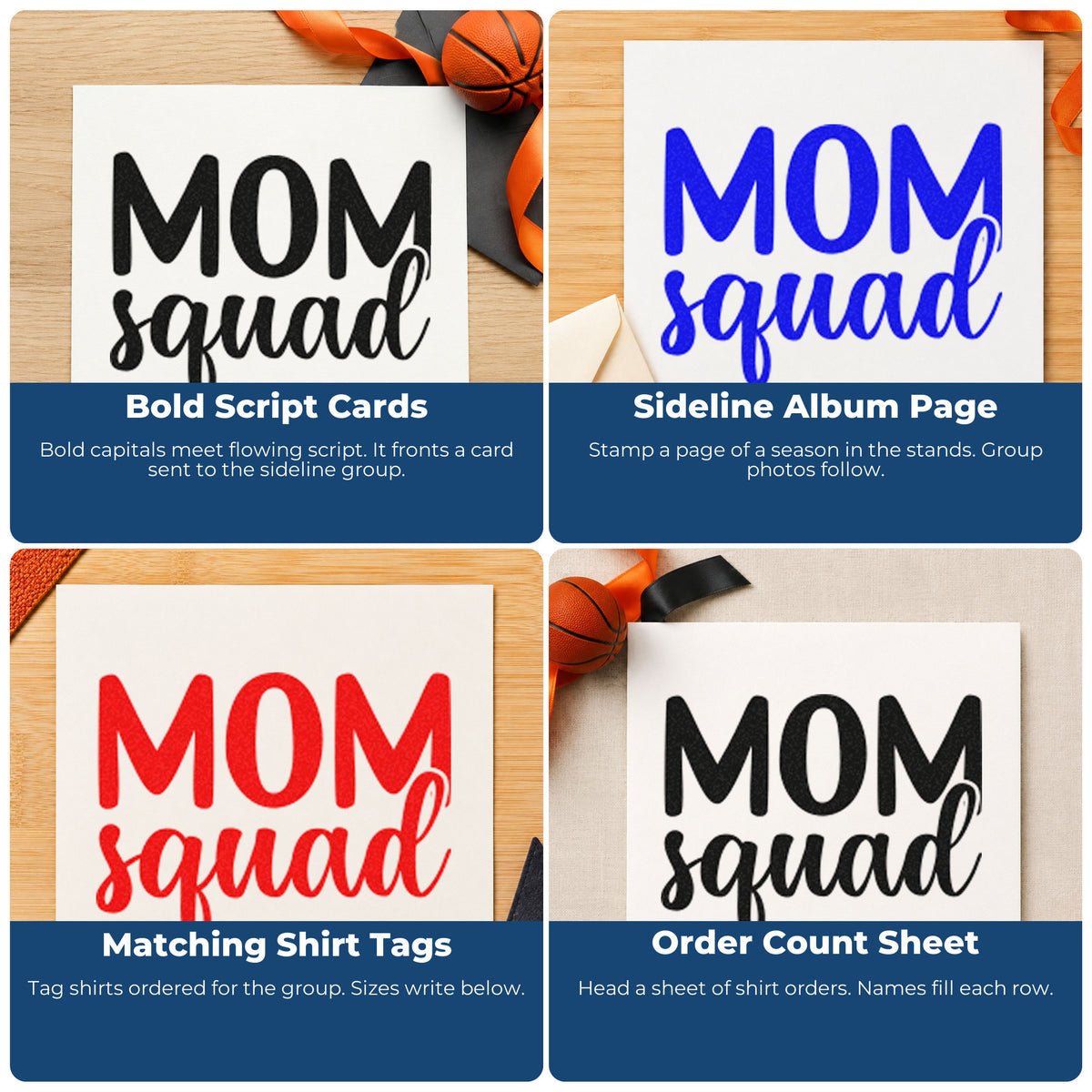 Four ways to use the Mom Squad Bold Script Slim Pre-Inked Stamp: bold script cards, sideline album page, matching shirt tags and order count sheet.