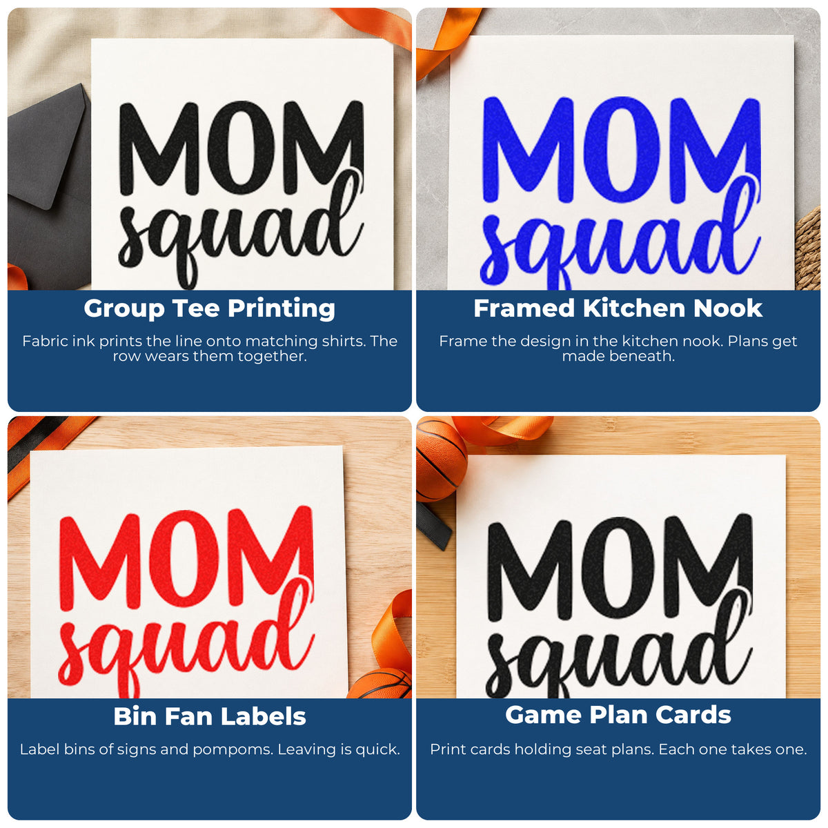 Four ways to use the Mom Squad Bold Script Duo Hand Stamp: group tee printing, framed kitchen nook, bin fan labels and game plan cards.