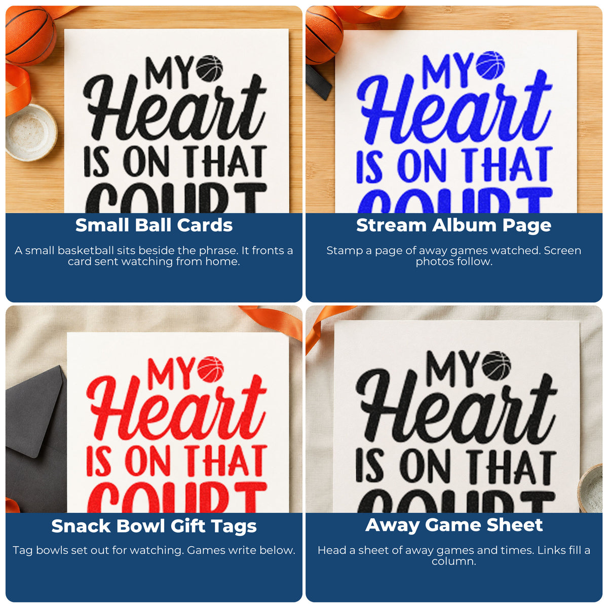 Four ways to use the My Heart Is On That Court Self-Inking Craft Stamp: small ball cards, stream album page, snack bowl gift tags and away game sheet.