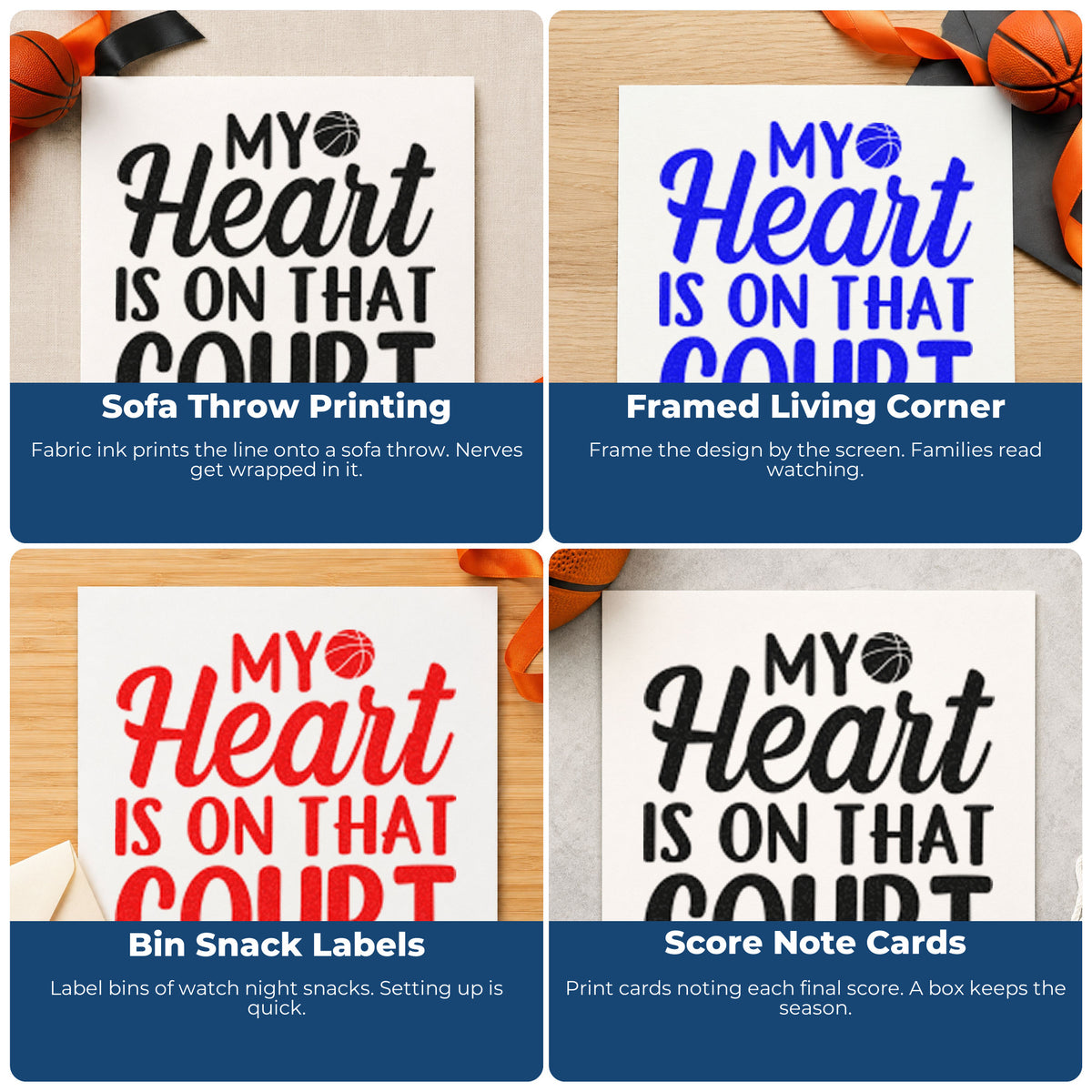Four ways to use the Slim Pre-Inked My Heart Is On That Court Stamp: sofa throw printing, framed living corner, bin snack labels and score note cards.