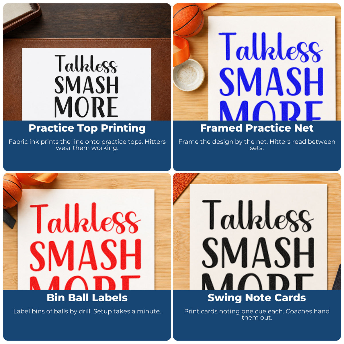 Four ways to use the Talk Less Smash More Wood-Mounted Rubber Stamp: practice top printing, framed practice net, bin ball labels and swing note cards.