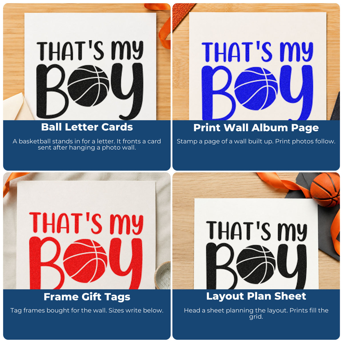 Four ways to use the That's My Boy Pre-Inked Stamp – PSI: ball letter cards, print wall album page, frame gift tags and layout plan sheet.