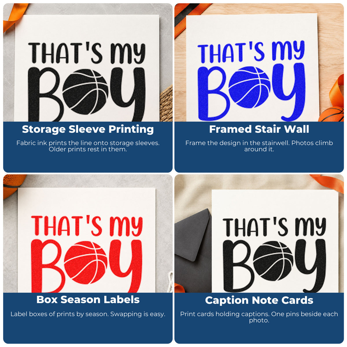 Four ways to use the That's My Boy Pre-Inked Stamp – PSI: storage sleeve printing, framed stair wall, box season labels and caption note cards.