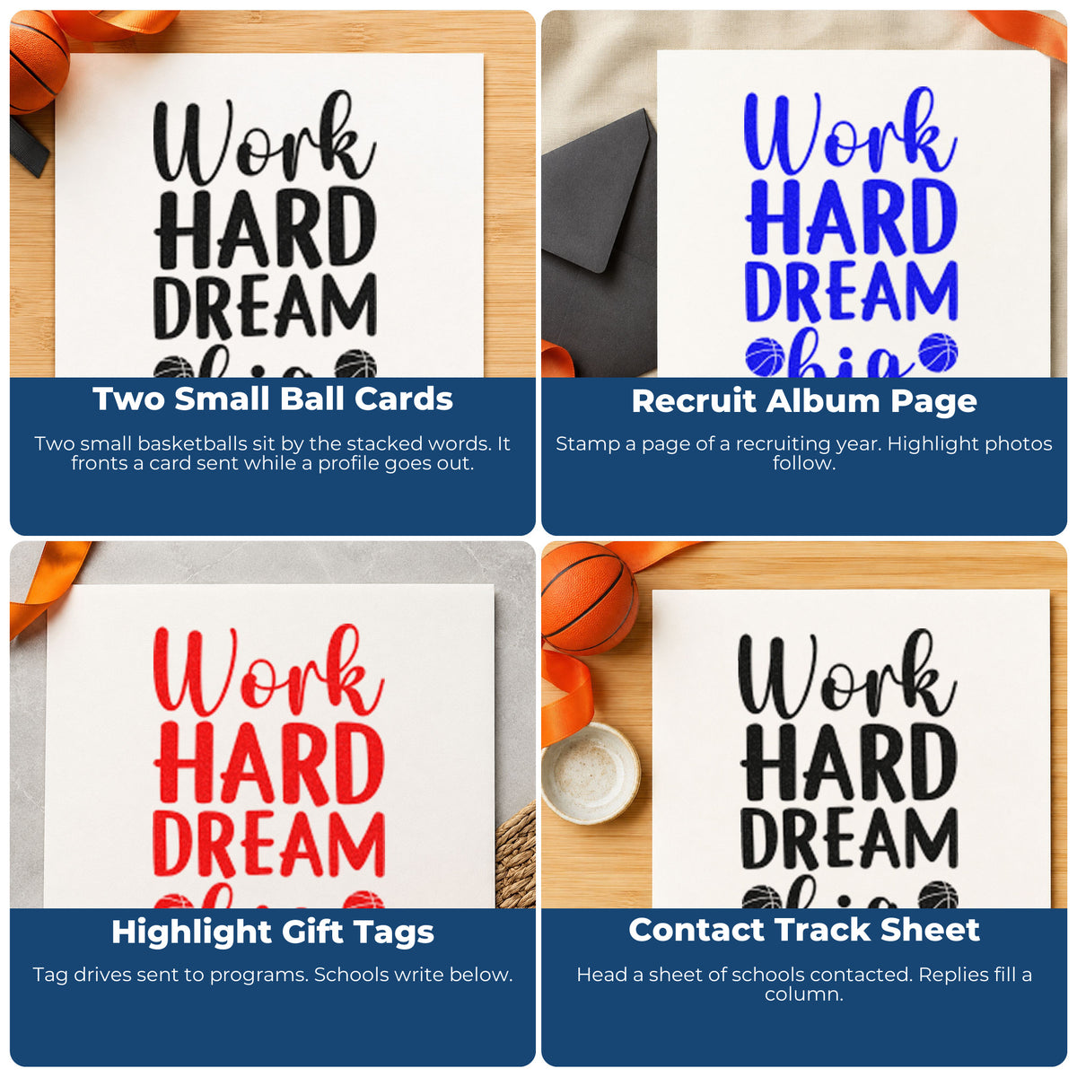 Four ways to use the Vintage Pro Work Hard Dream Big Premium Wooden Stamp: two small ball cards, recruit album page, highlight gift tags and contact track sheet.