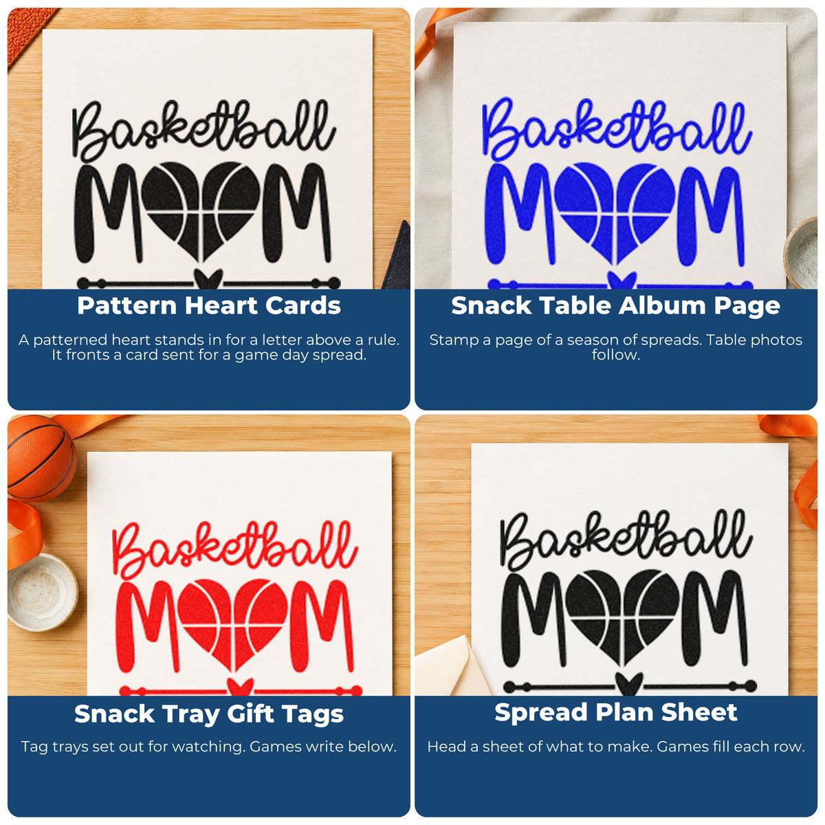 Four ways to use the Basketball Mom Heart Letter Rubber Stamp – Wood Handle: pattern heart cards, snack table album page, snack tray gift tags and spread plan sheet.