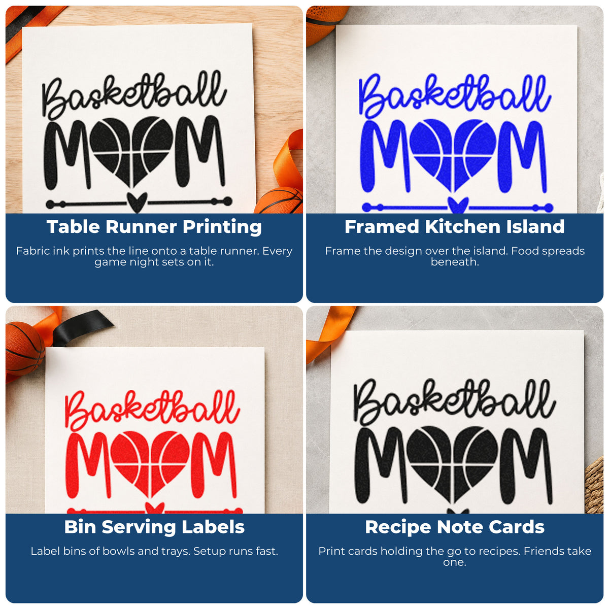 Four ways to use the Basketball Mom Heart Letter Rubber Stamp – Wood Handle: table runner printing, framed kitchen island, bin serving labels and recipe note cards.
