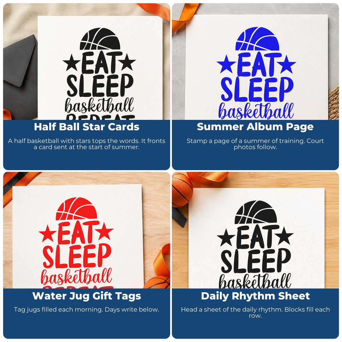 Four ways to use the Eat Sleep Basketball Repeat With Stars Wood Handle Stamp: half ball star cards, summer album page, water jug gift tags and daily rhythm sheet.