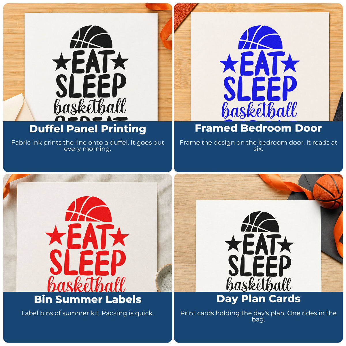 Four ways to use the Eat Sleep Basketball Repeat With Stars Wood Handle Stamp: duffel panel printing, framed bedroom door, bin summer labels and day plan cards.