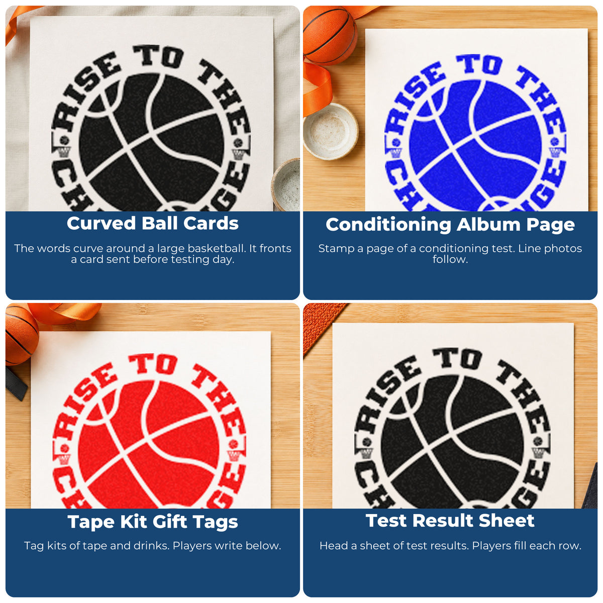 Four ways to use the Premium Wooden Rise To The Challenge Basketball Stamp - Vintage Pro: curved ball cards, conditioning album page, tape kit gift tags and test result sheet.