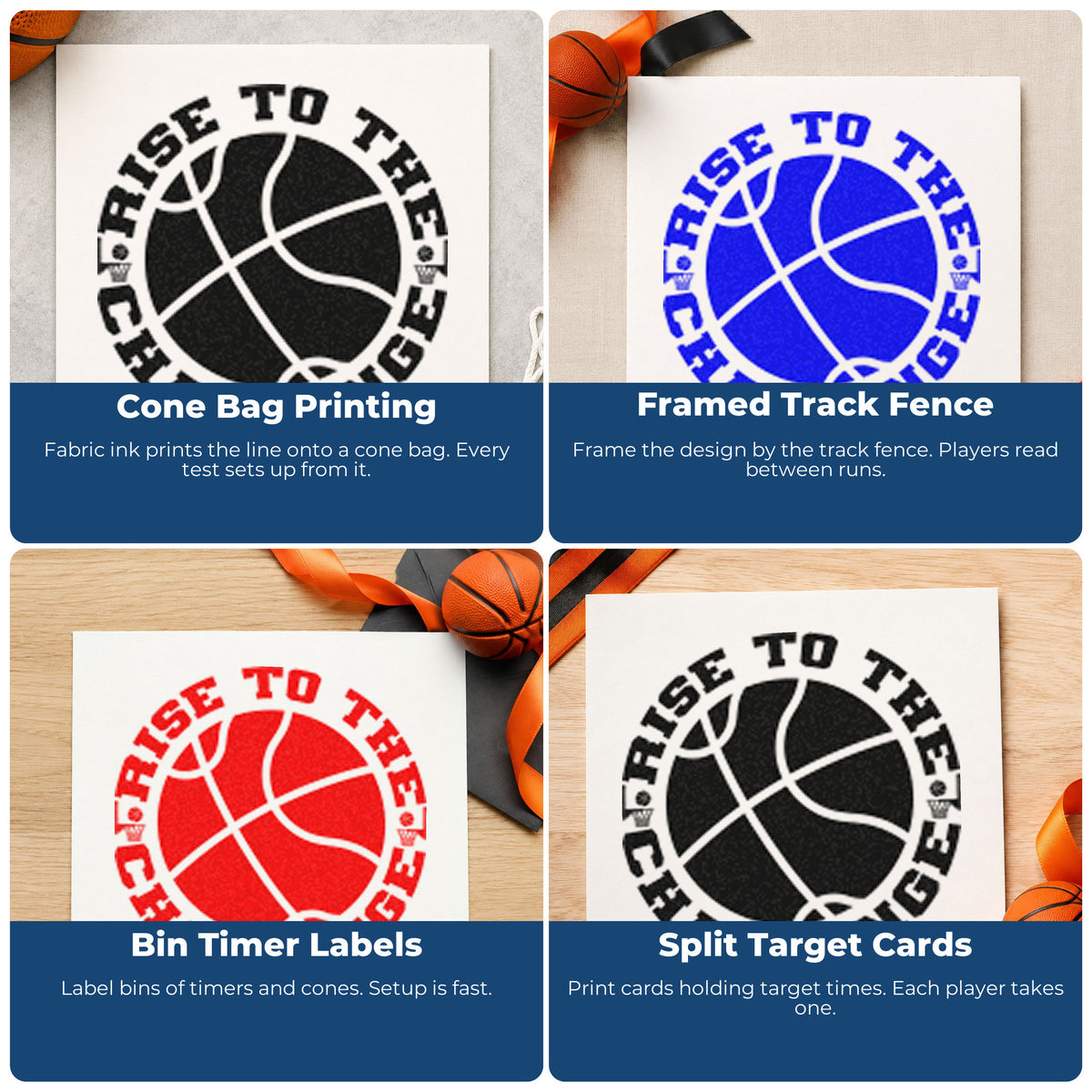 Four ways to use the Rise To The Challenge Basketball Compact Pre-Inked Stamp – Slim: cone bag printing, framed track fence, bin timer labels and split target cards.