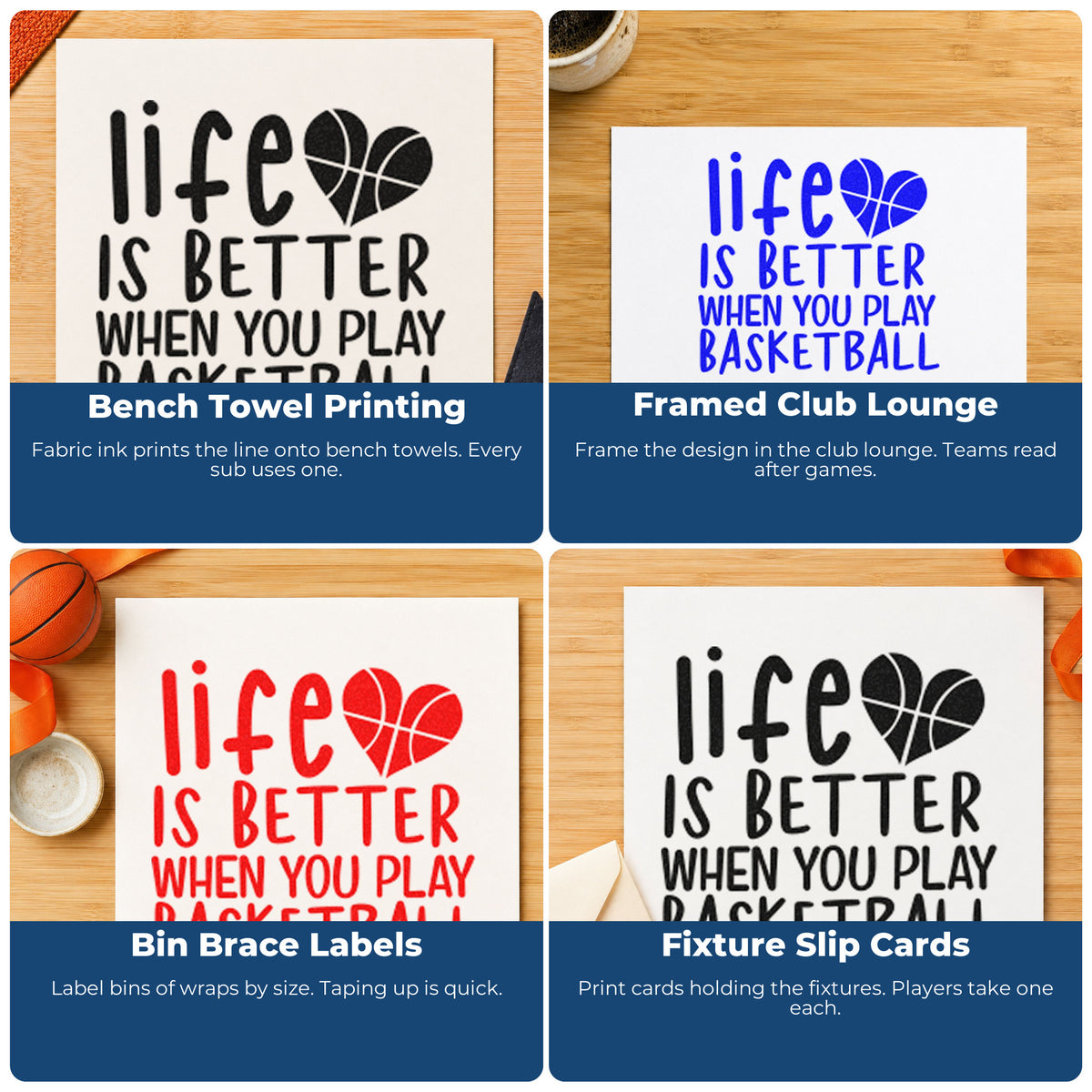 Four ways to use the Life Better Playing Basketball Rubber Stamp – Wood Handle: bench towel printing, framed club lounge, bin brace labels and fixture slip cards.