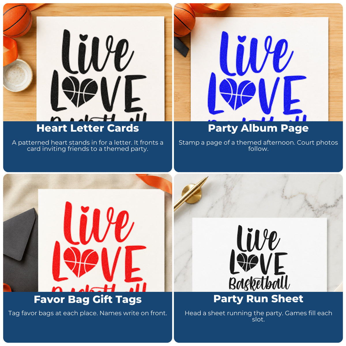 Four ways to use the Live Love Basketball Heart Pre-Inked Stamp – Slim: heart letter cards, party album page, favor bag gift tags and party run sheet.
