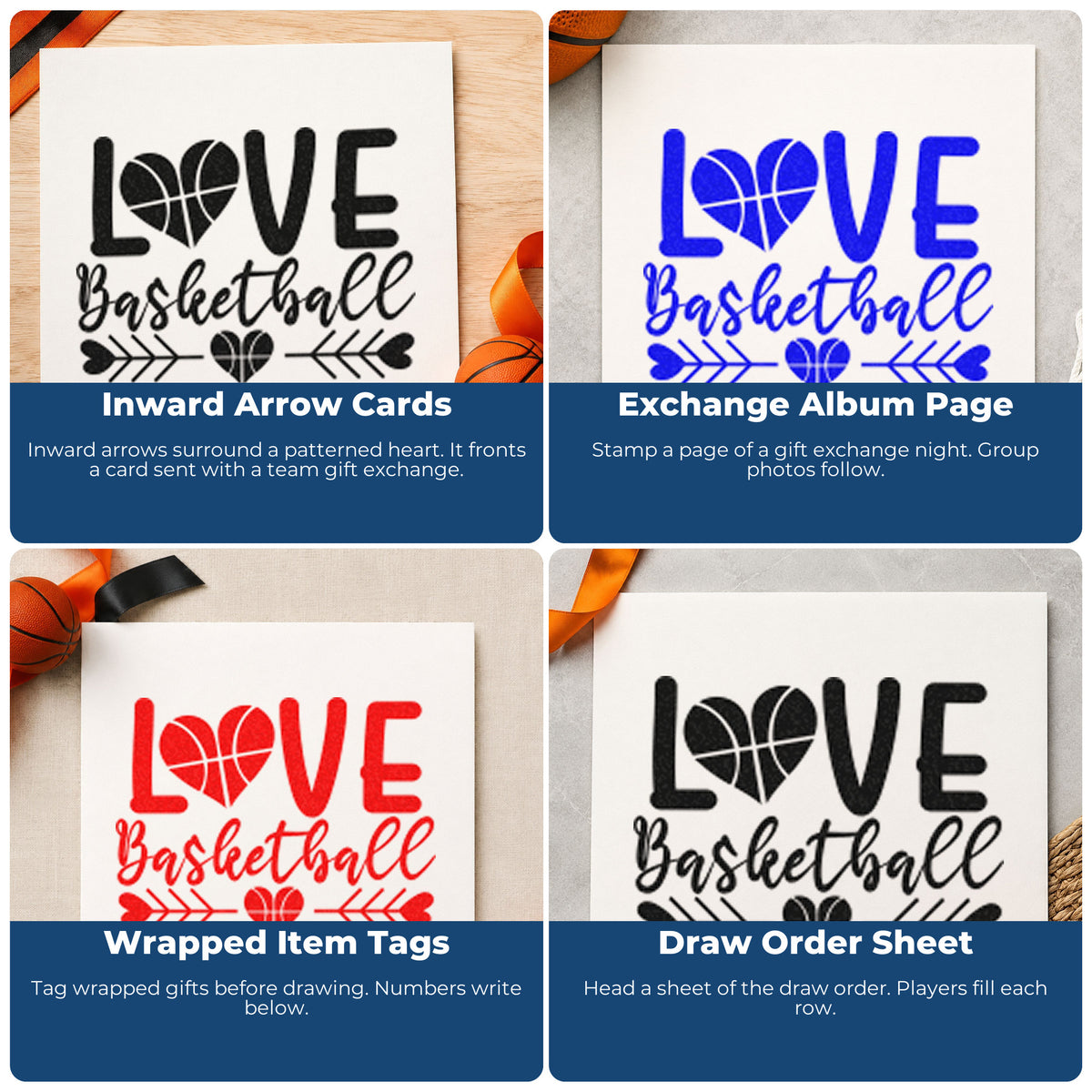 Four ways to use the Love Basketball Heart Arrows Premium Wooden Stamp - Vintage Pro: inward arrow cards, exchange album page, wrapped item tags and draw order sheet.