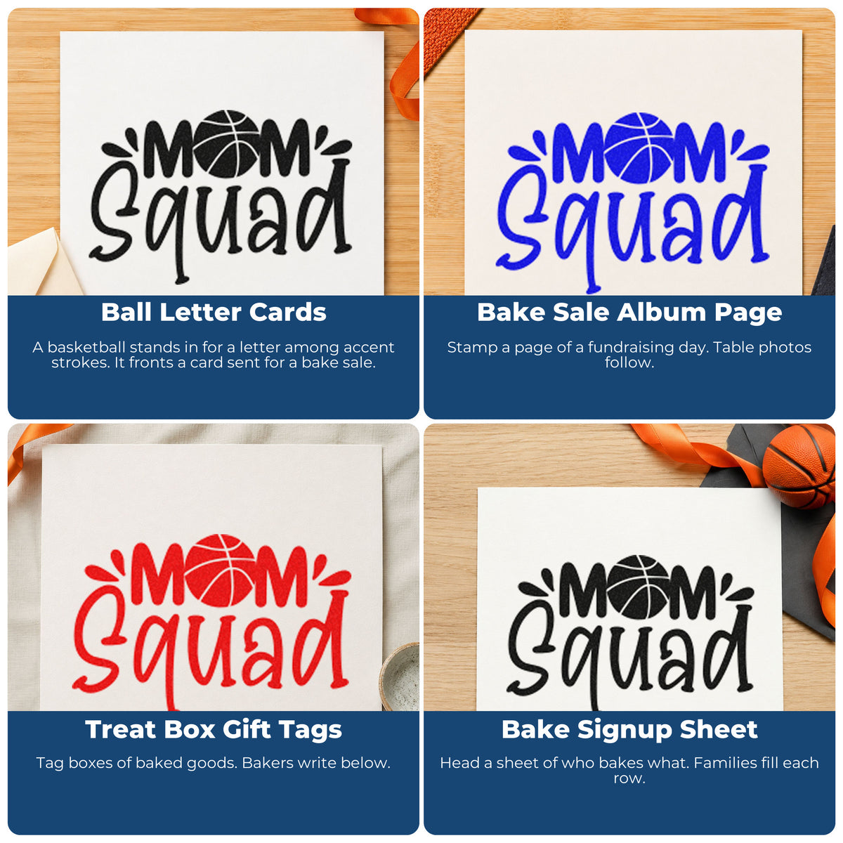 Four ways to use the Wood Handle Basketball Mom Squad Lettering Rubber Stamp: ball letter cards, bake sale album page, treat box gift tags and bake signup sheet.