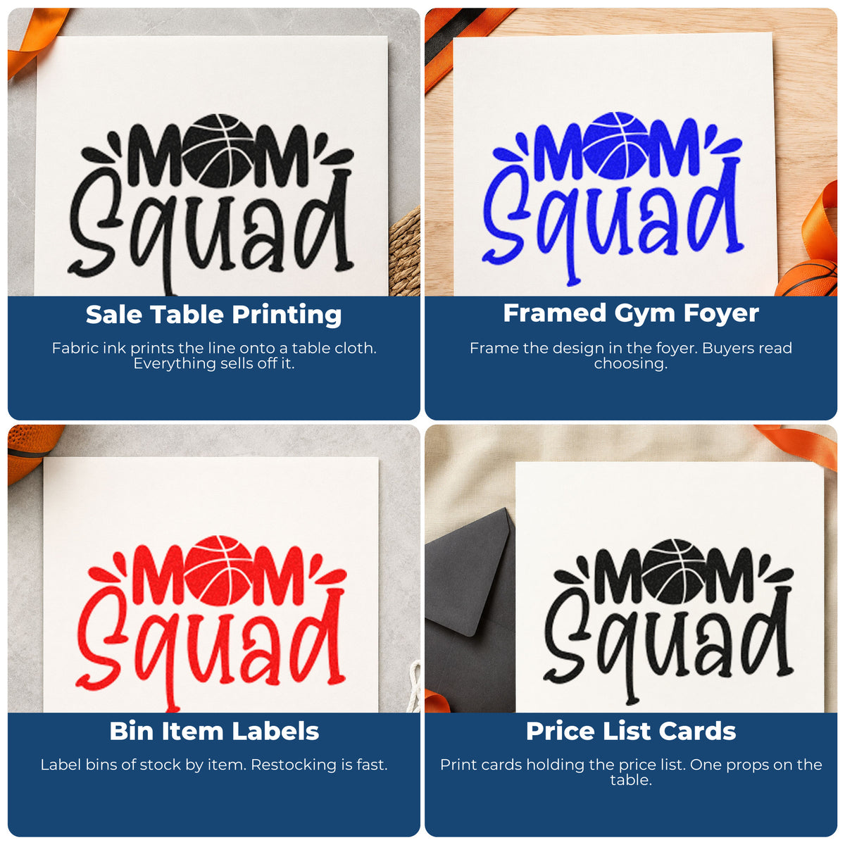 Four ways to use the Wood Handle Basketball Mom Squad Lettering Rubber Stamp: sale table printing, framed gym foyer, bin item labels and price list cards.