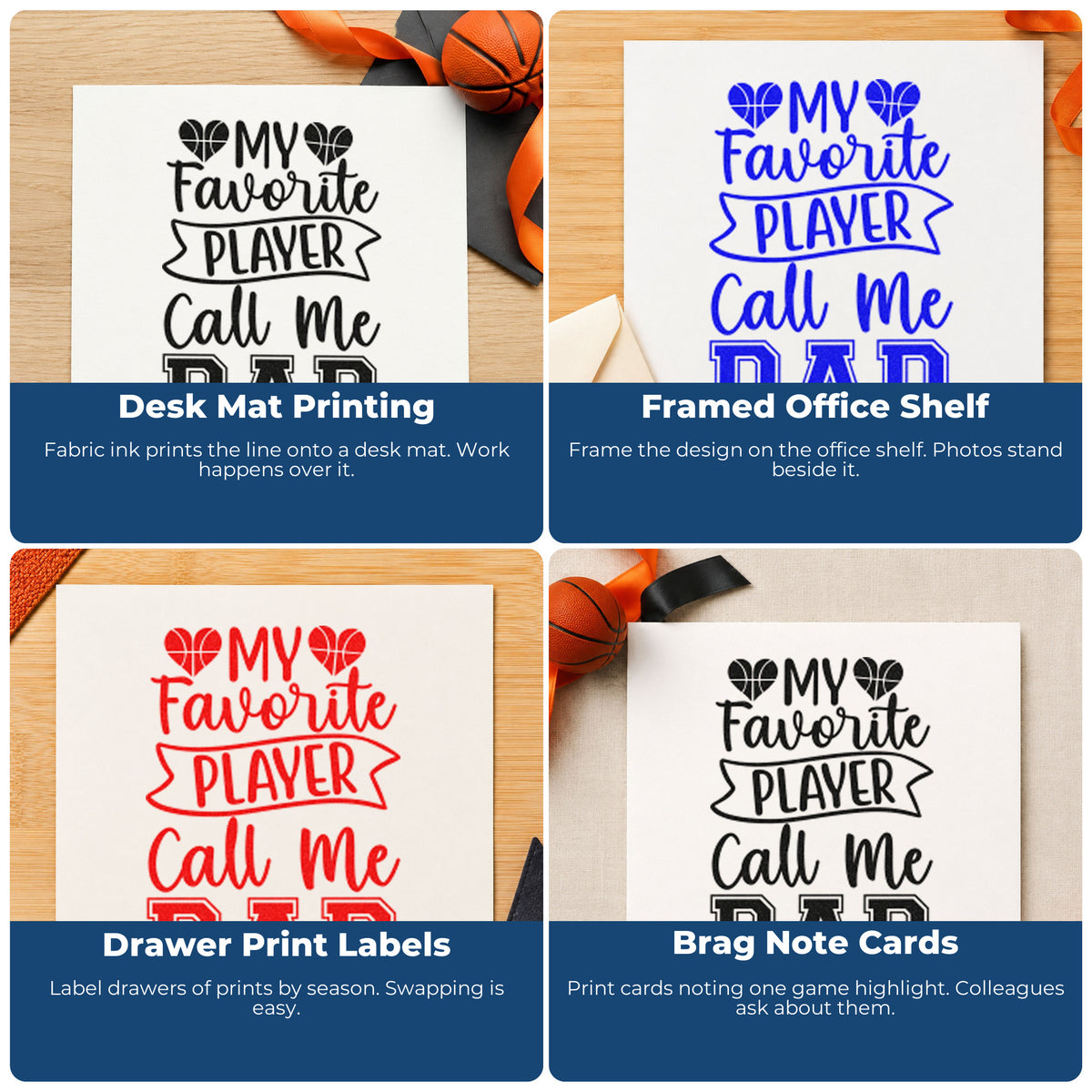 Four ways to use the Dad Ribbon With Basketball Hearts Stamp – PSI Pre-Inked: desk mat printing, framed office shelf, drawer print labels and brag note cards.