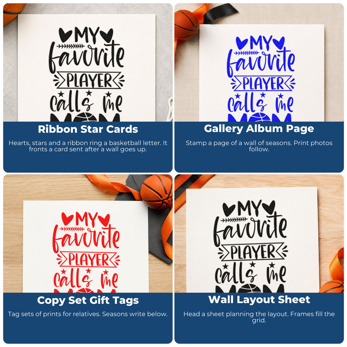 Four ways to use the Favorite Player Calls Mom Rubber Stamp – Wood Handle: ribbon star cards, gallery album page, copy set gift tags and wall layout sheet.