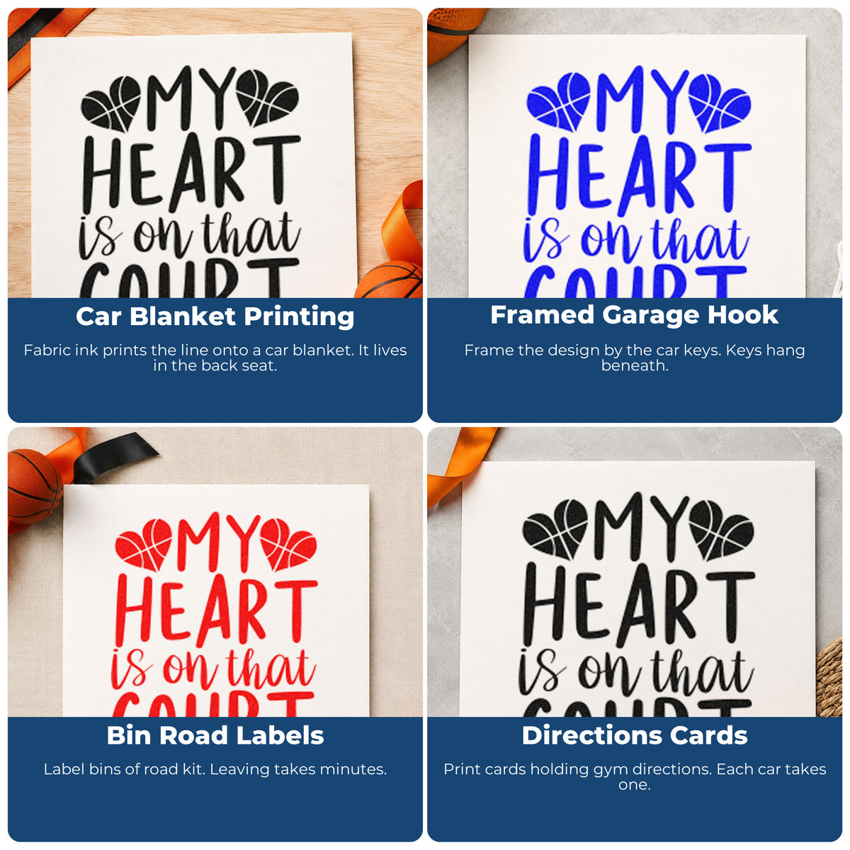 Four ways to use the Heart On That Court Pre-Inked Stamp – Slim: car blanket printing, framed garage hook, bin road labels and directions cards.