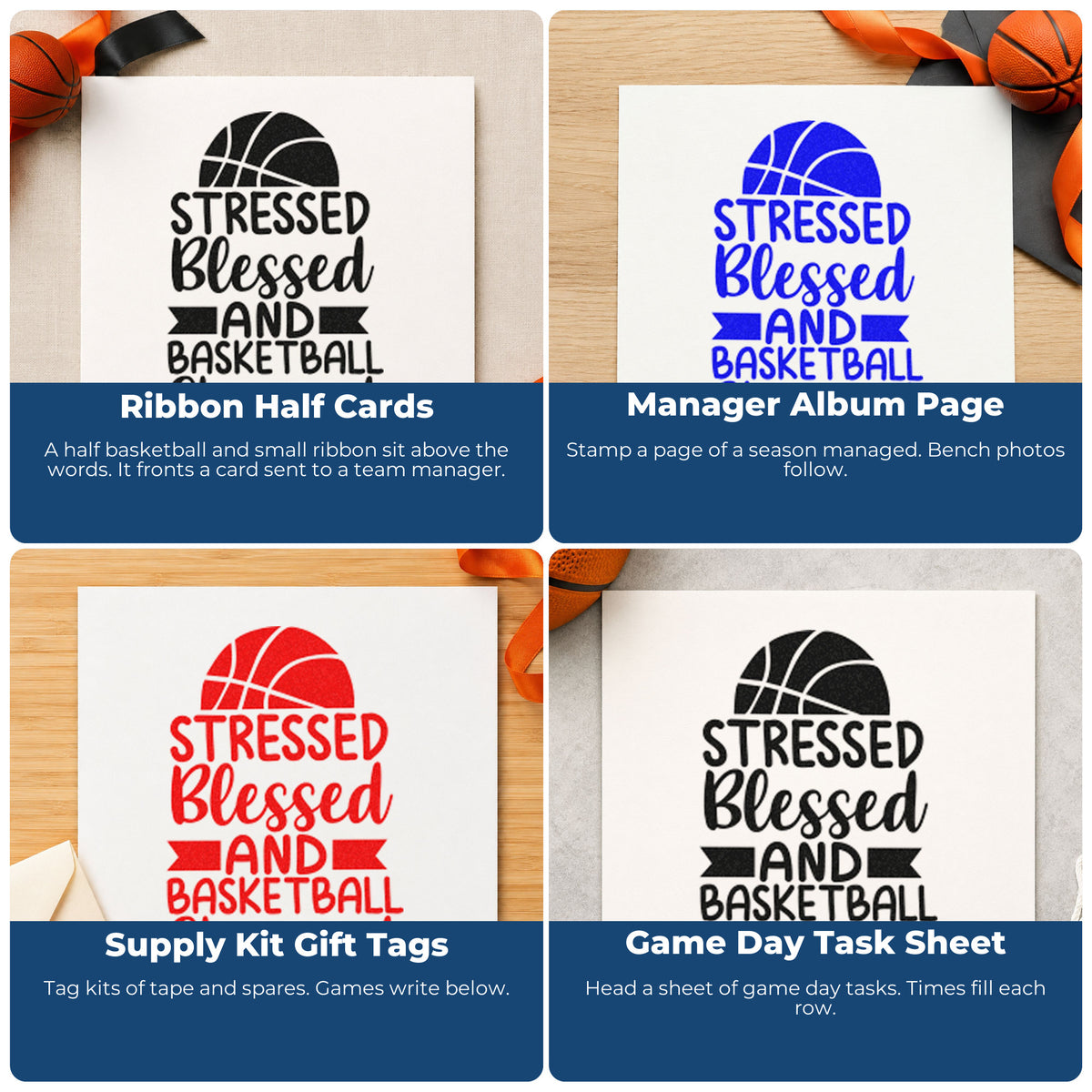 Four ways to use the Stressed Blessed Basketball Obsessed PSI Pre-Inked Stamp: ribbon half cards, manager album page, supply kit gift tags and game day task sheet.
