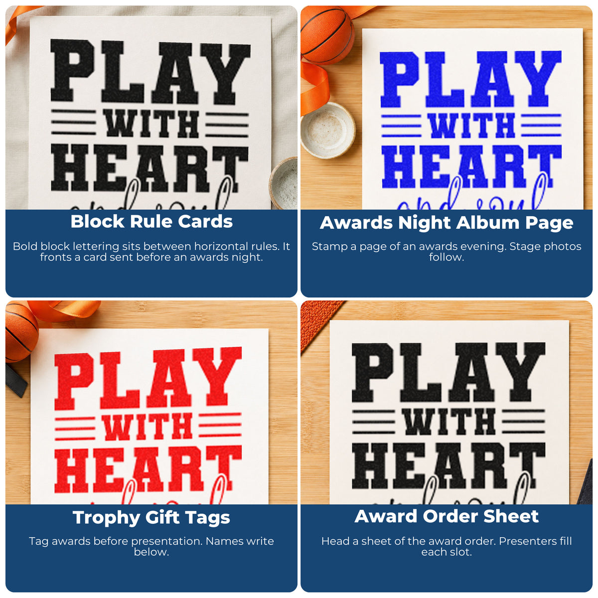 Four ways to use the Play With Heart And Soul Stamp – Duo Hand: block rule cards, awards night album page, trophy gift tags and award order sheet.